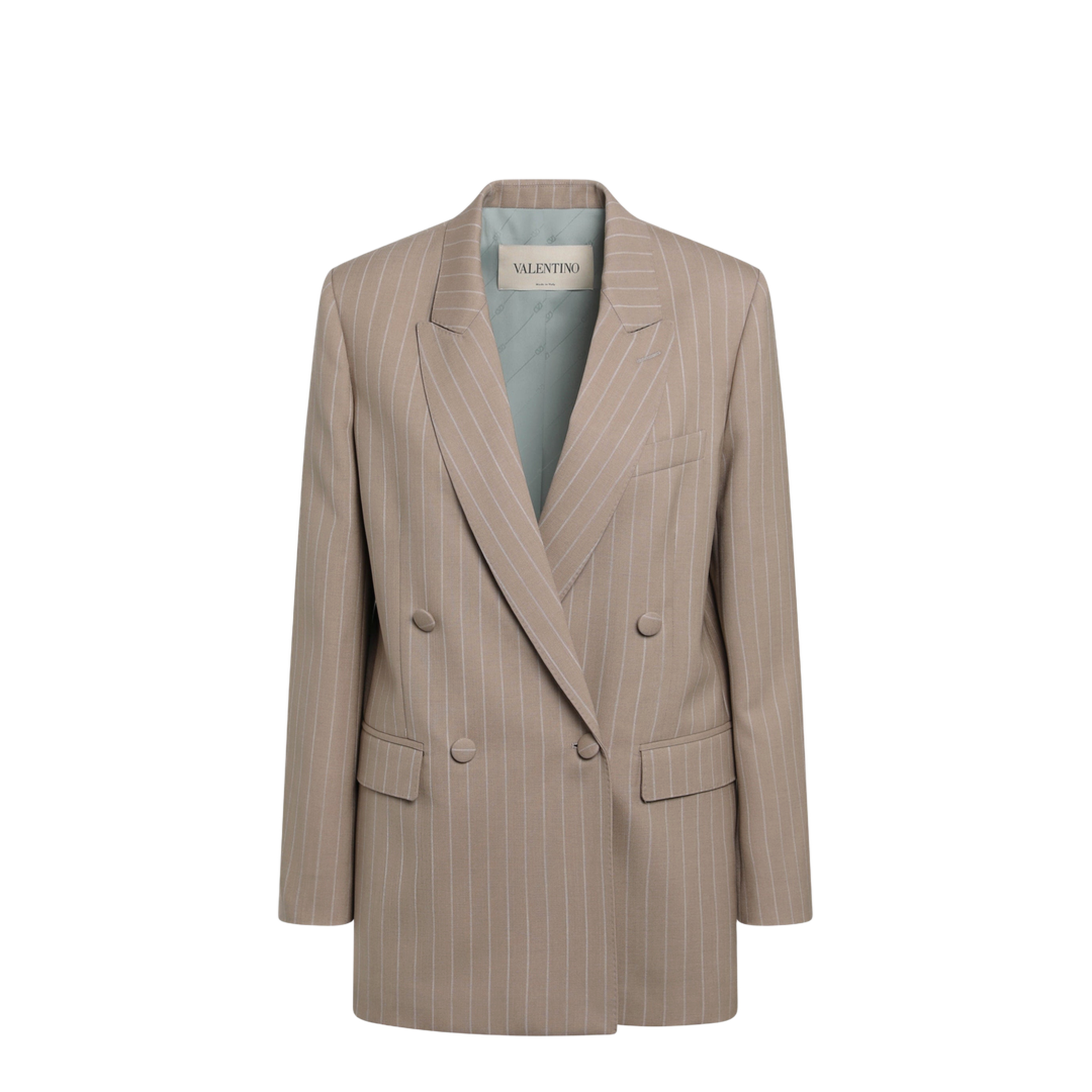 MAYFEYR - Valentino - Double-Breasted Pinstripe Jacket In Mud/Ivory Virgin Wool - 9B3CE5V5A9C3EU