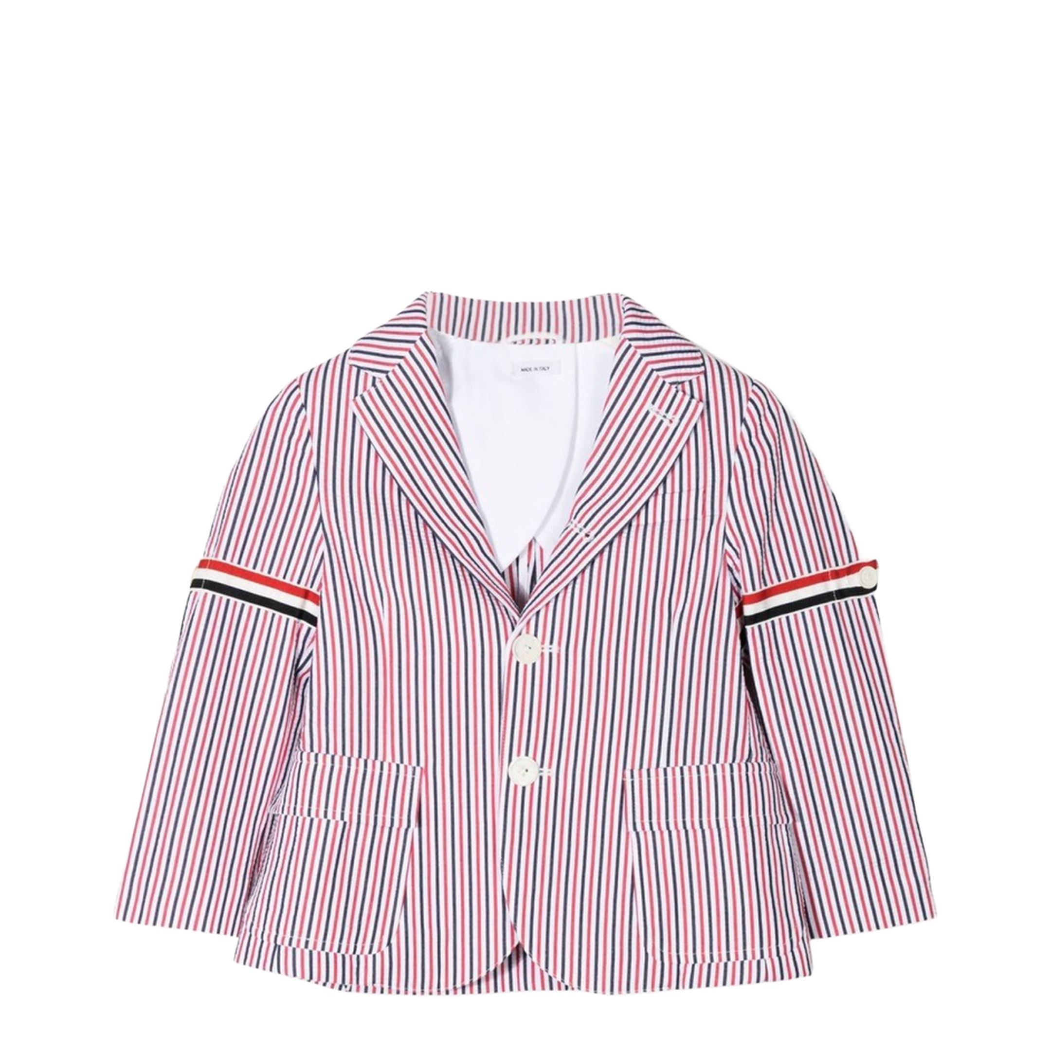 Patch Pocket Sport Coat with RWB Armbands in Seersucker Stripe