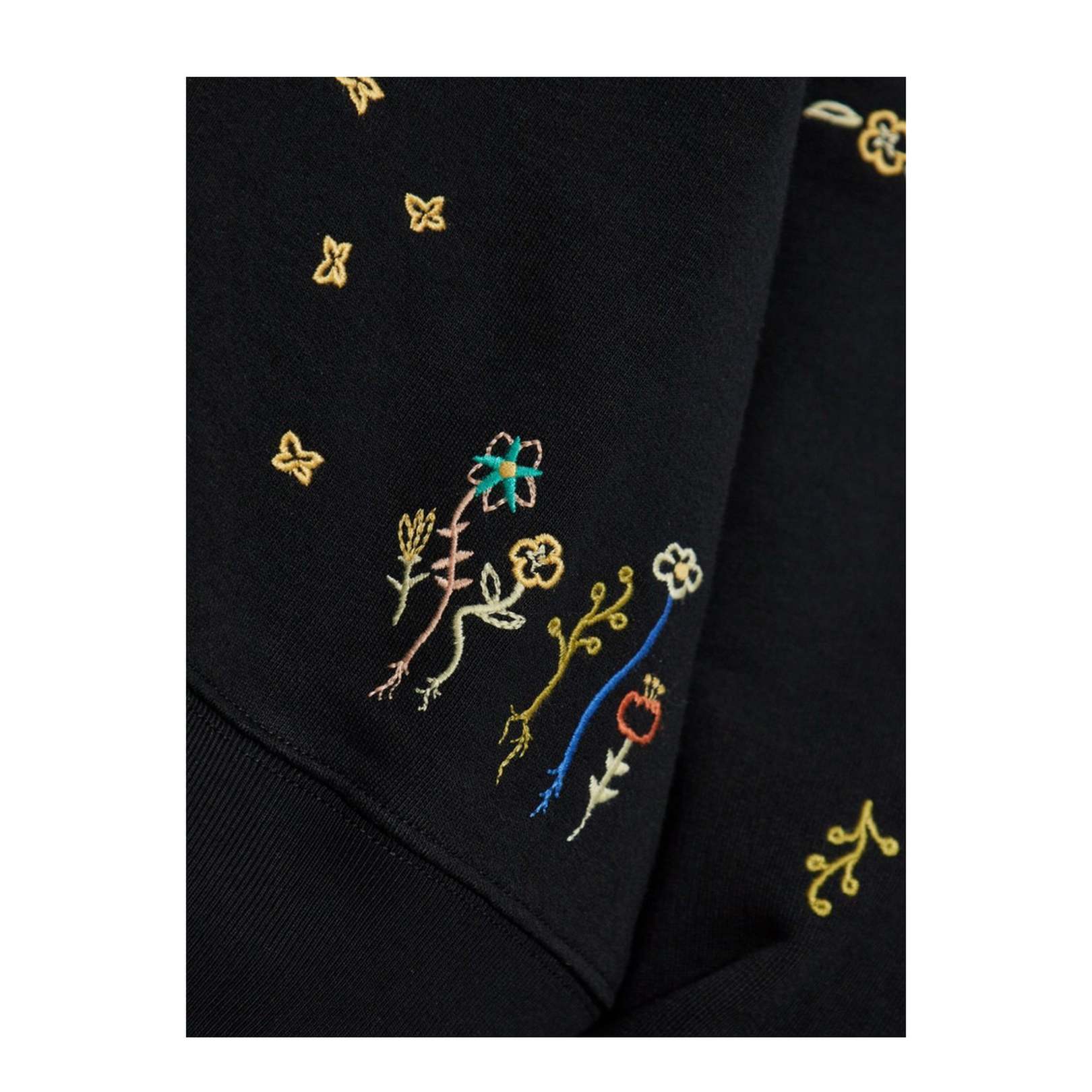 Black Multicoloured Floral Embroidery Crew Neck Long Sleeves Ribbed Cuffs and Hem Relaxed Fit