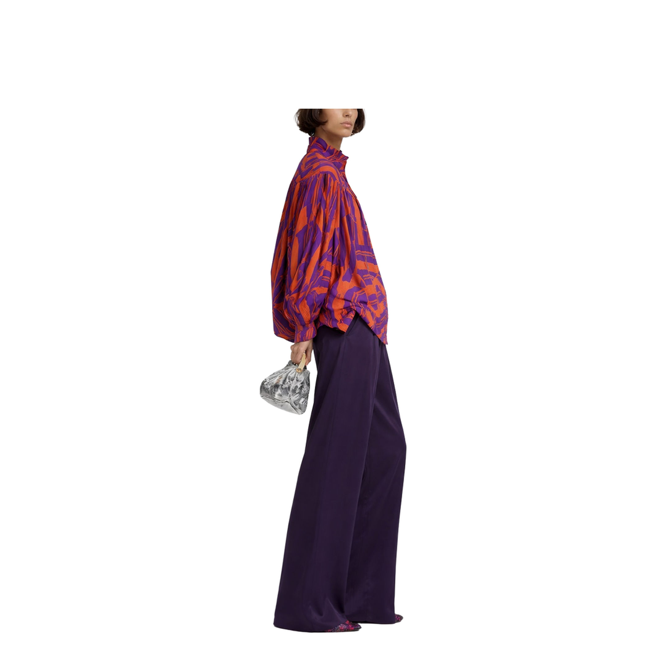 Loose Shirt with Ruffle Details and Crushed Stripe Print