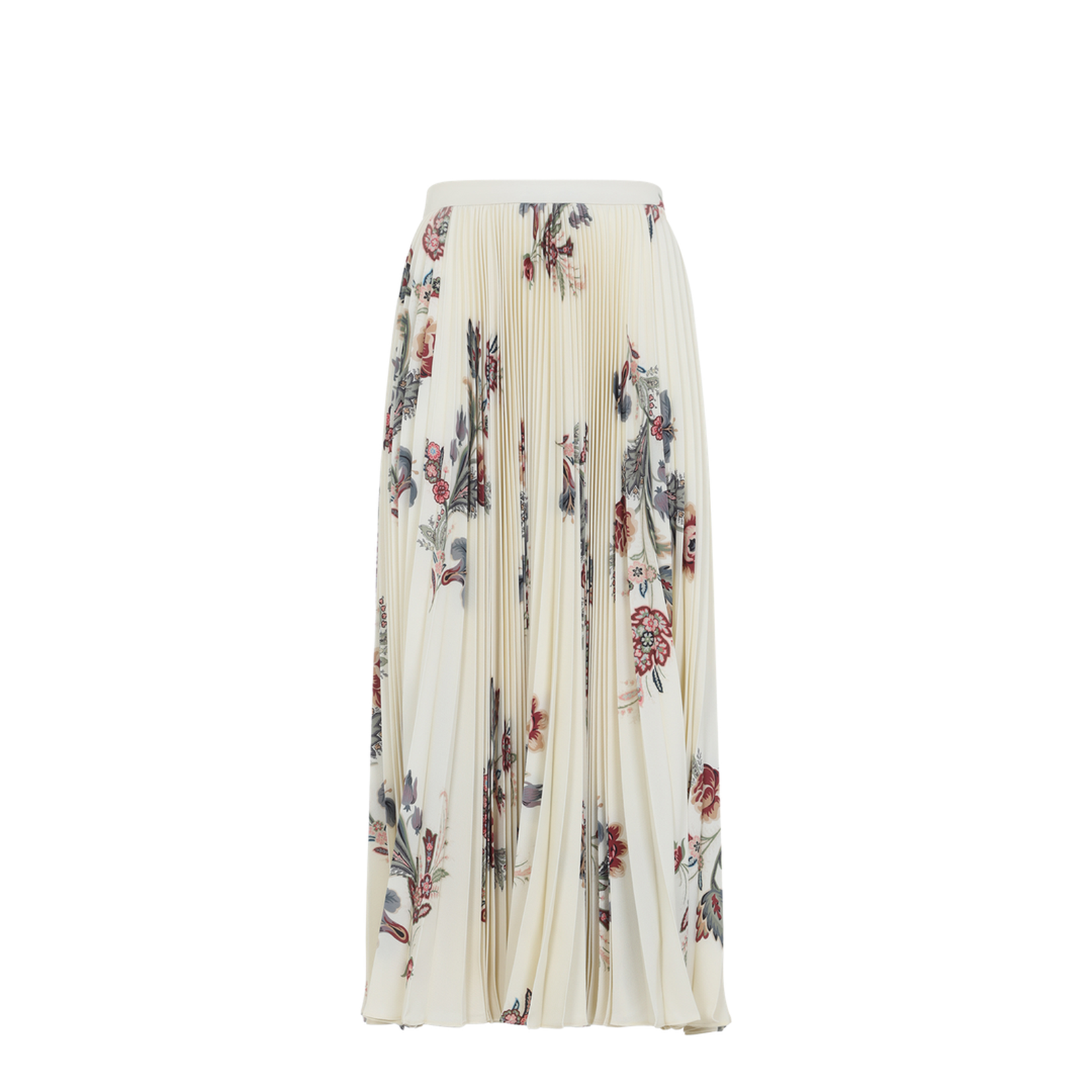 Beige Floral Print Sablé Pleated Midi Skirt