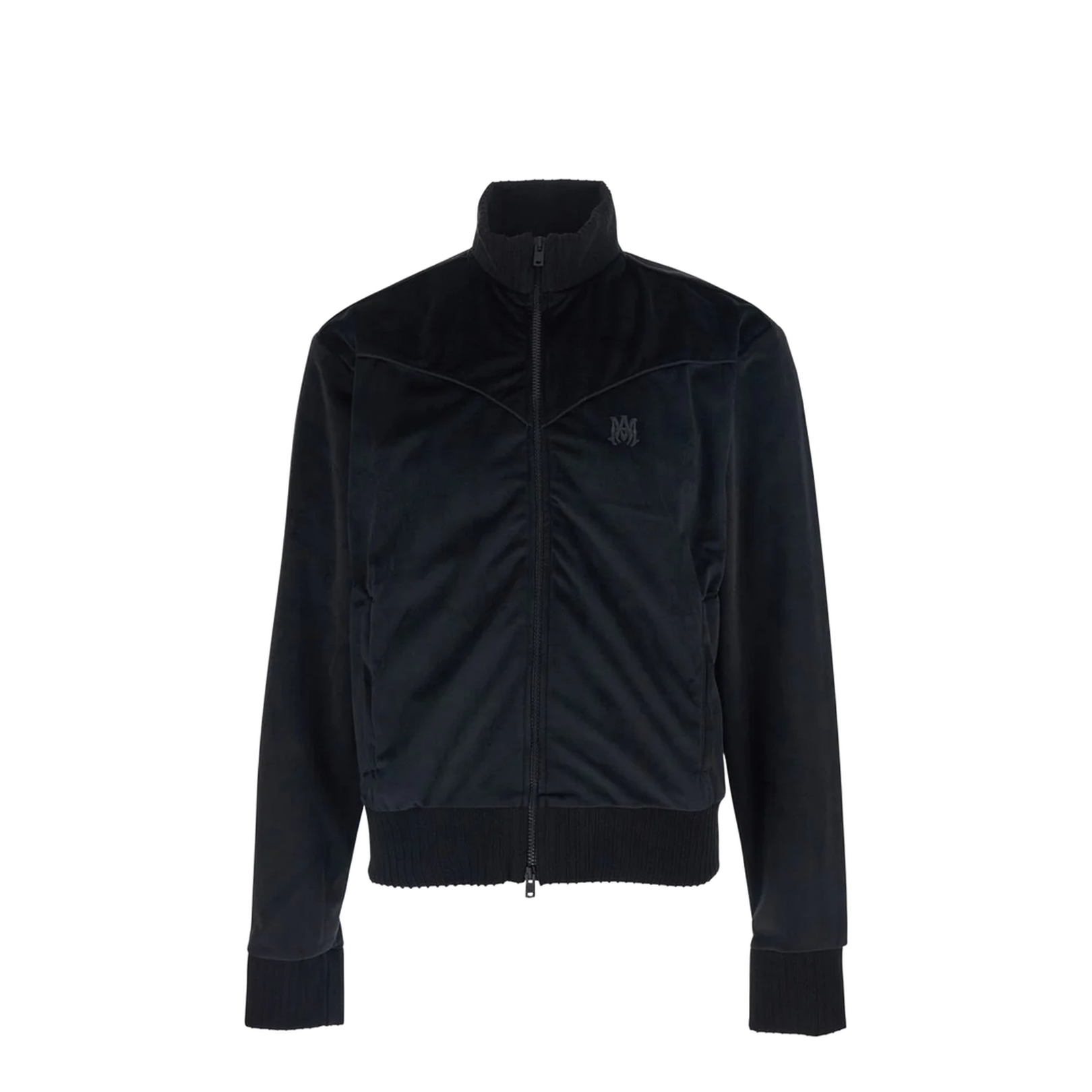 Black Jacket With High Neck And Logo Embroidery On The Front In Velvet