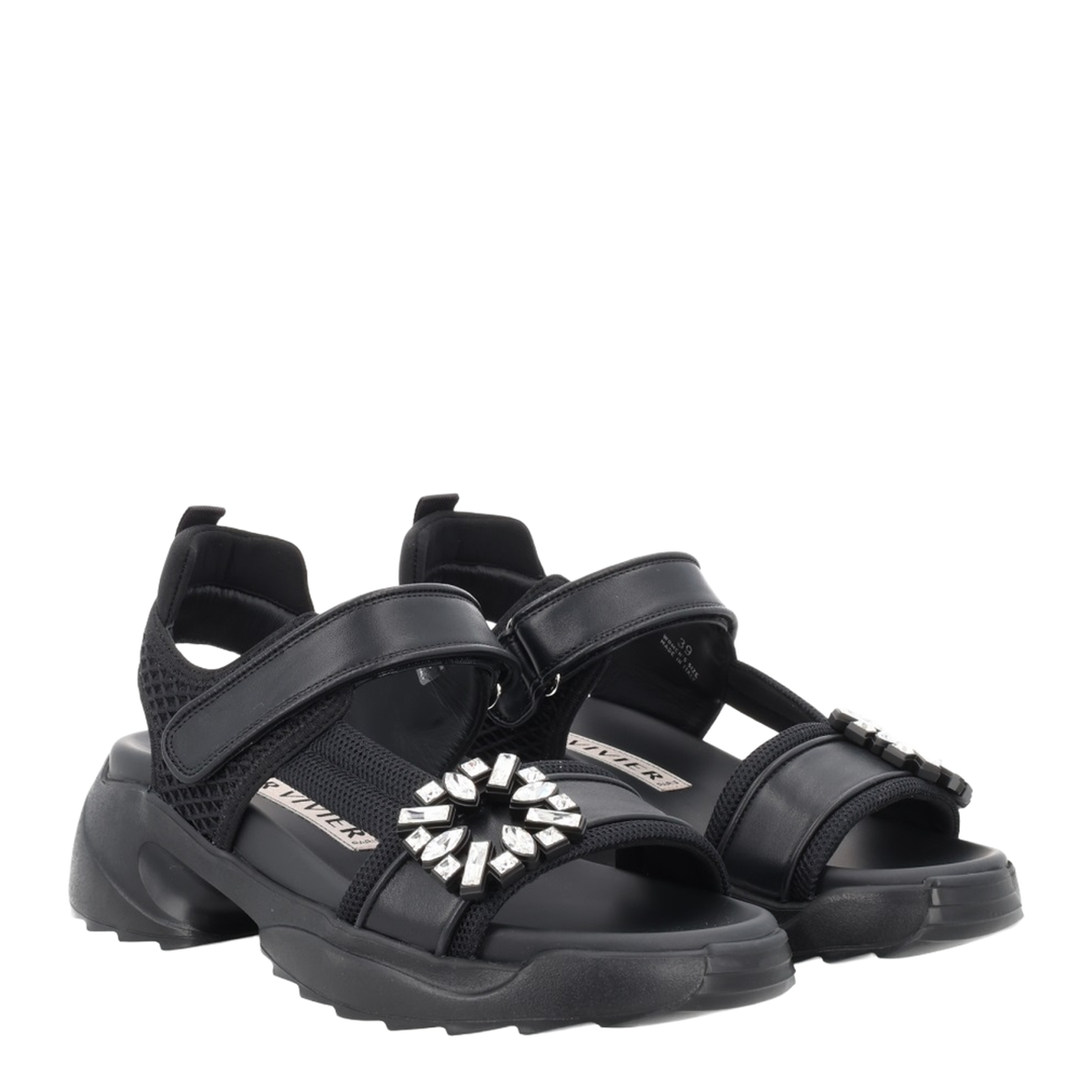 On The Run Black Leather And Textile Sandals