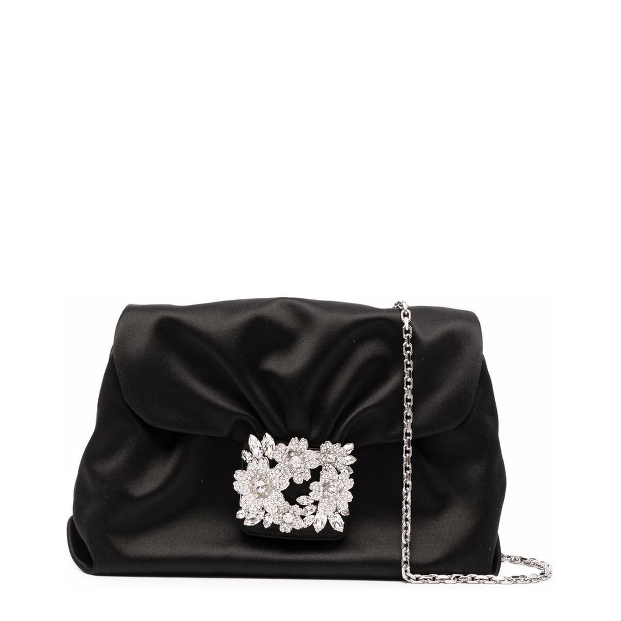 Roger Vivier RV Bouquet Strass Buckle Drapé Mini Satin Clutch Bag - Black