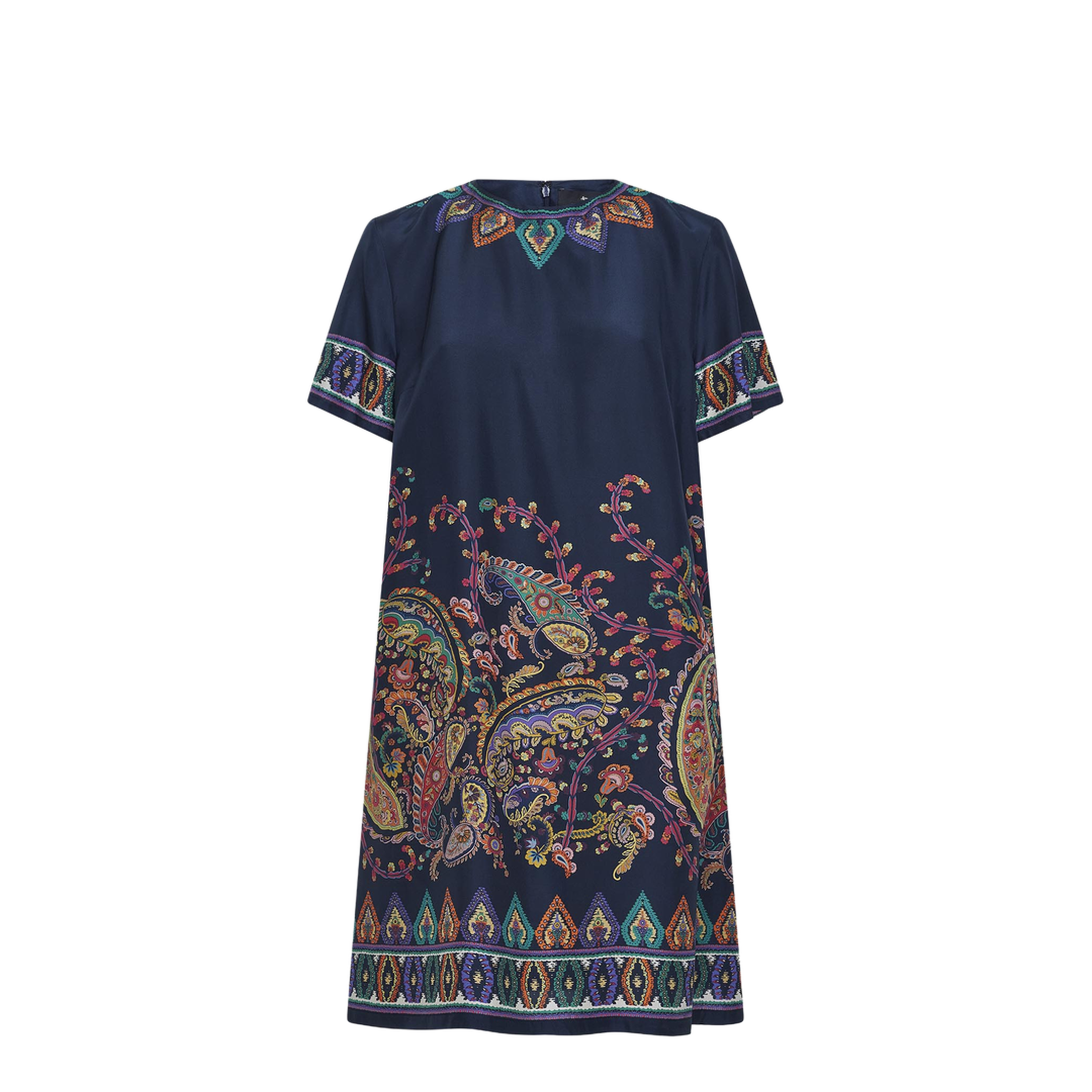 Blue Paisley-print Habotai Silk Tunic Short Dress