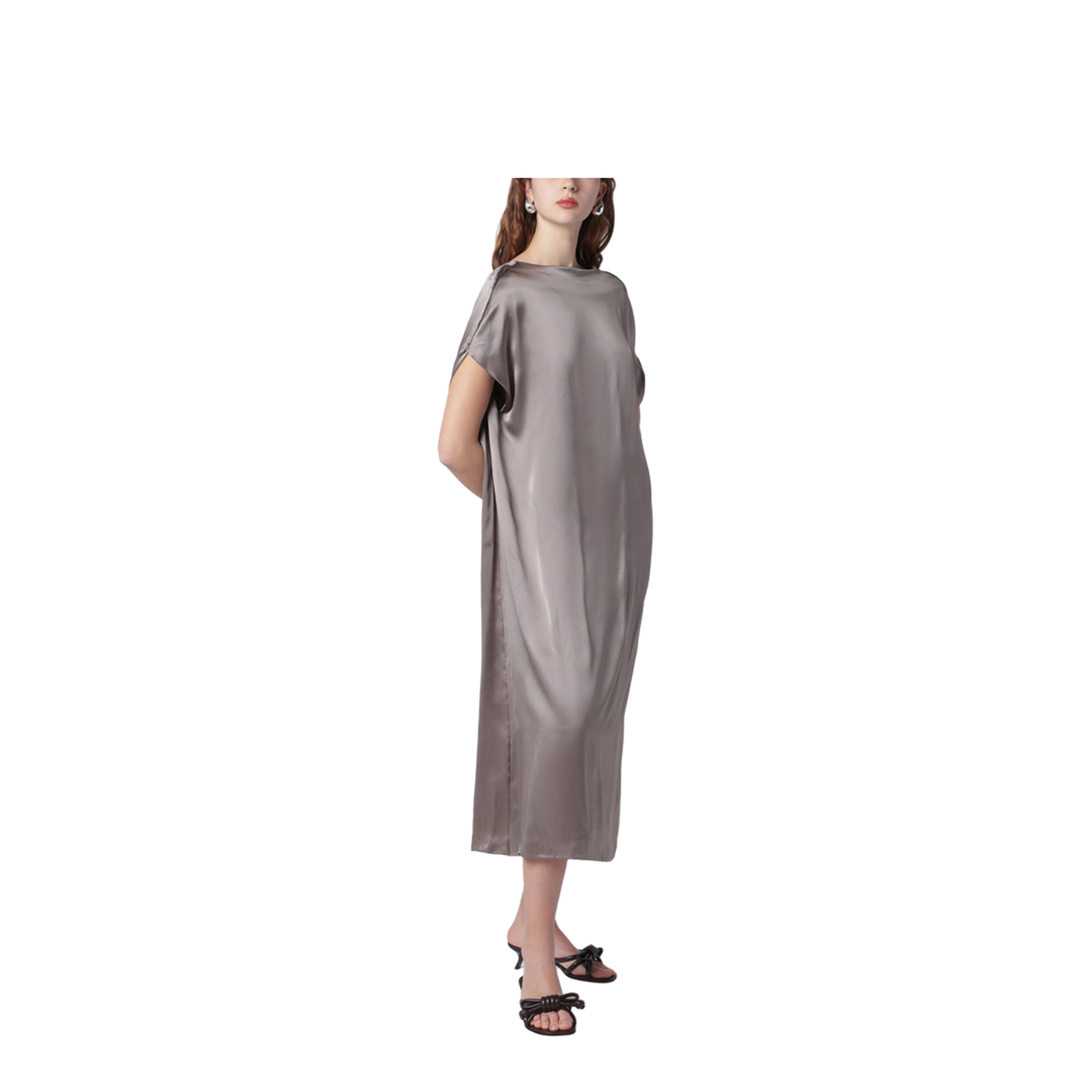 Taupe Silk Satin Midi Dress
