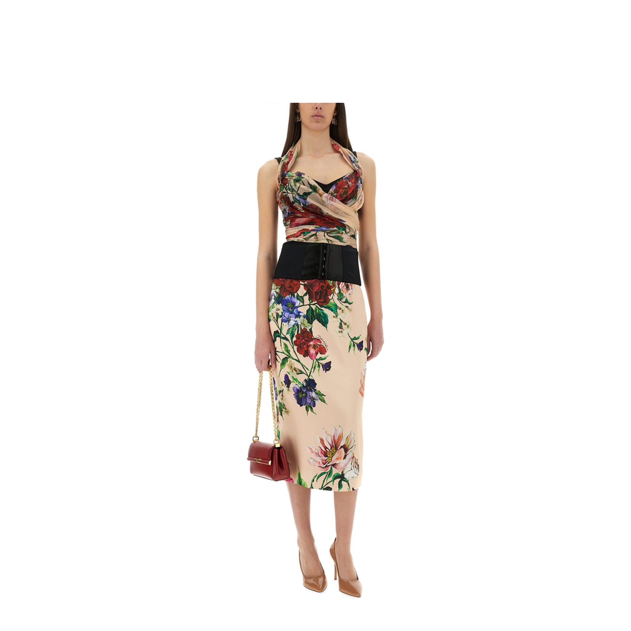Flower Print Satin Midi Pencil Skirt