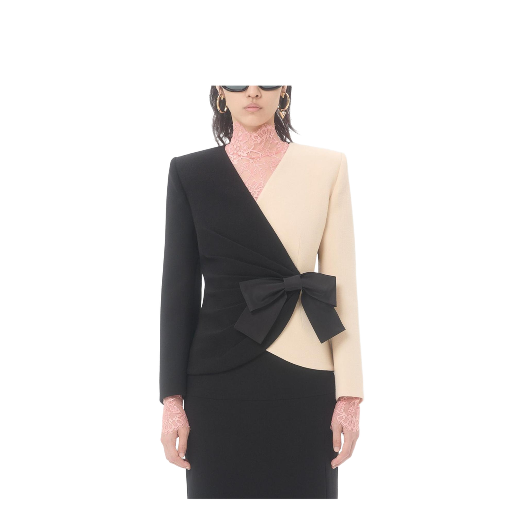 Color Block Bow Wool Chiffon Coat