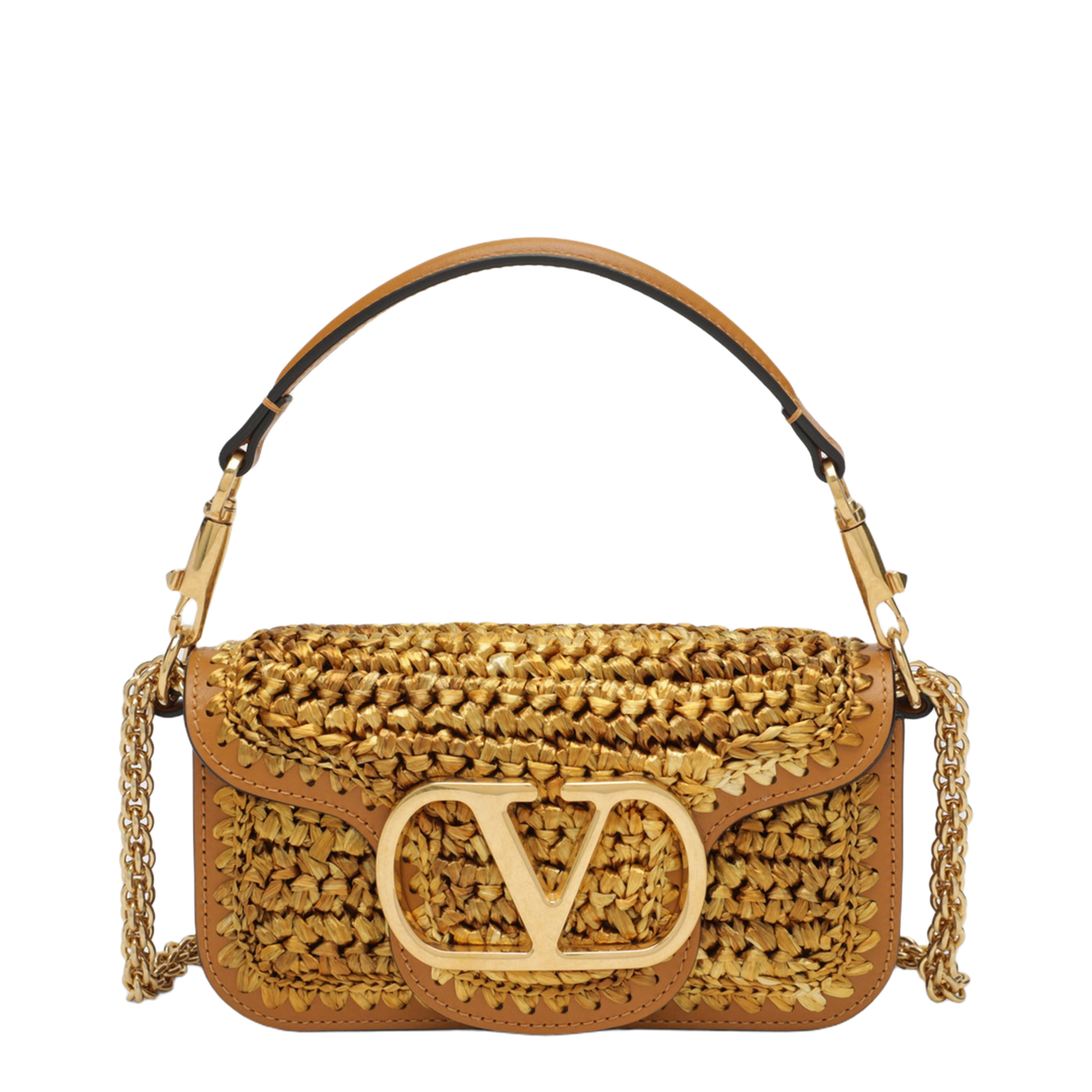 Locò Small Raffia Shoulder Bag - Natural Raffia/Brown with Gold-Tone Hardware