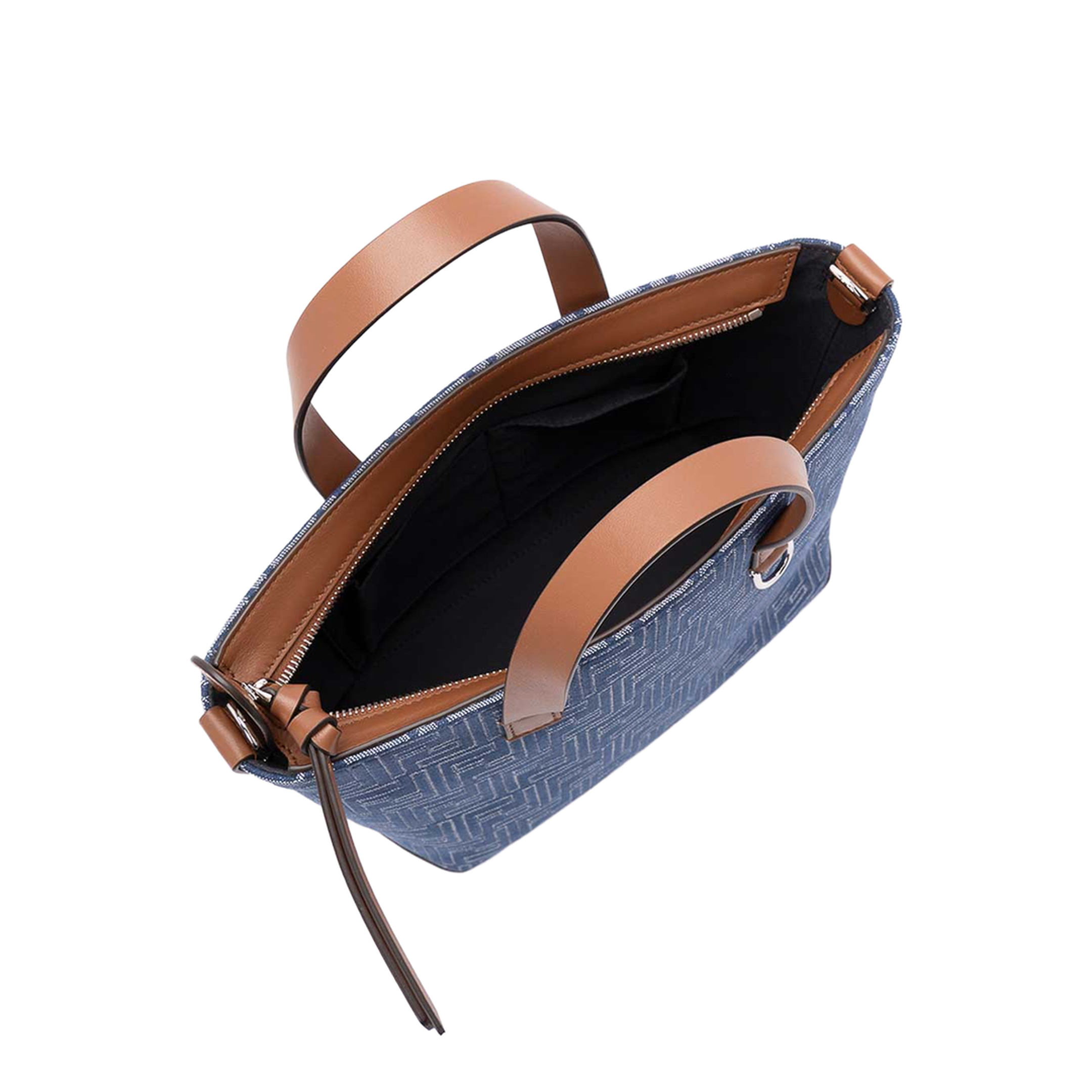 FF Leather Denim Effect FF Jacquard Blue And Brown Small Shopping Bag