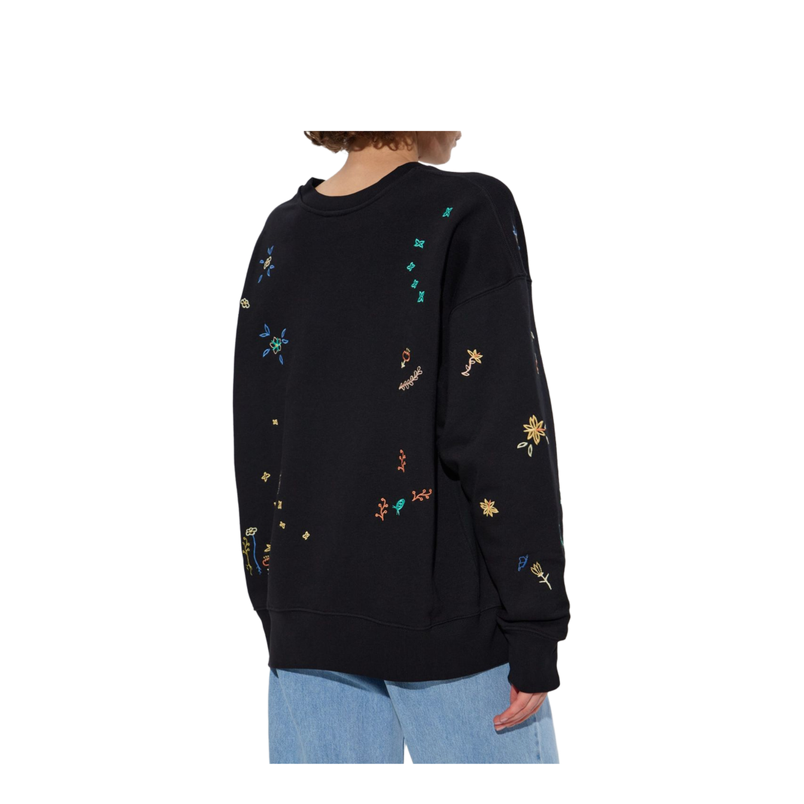 Black Multicoloured Floral Embroidery Crew Neck Long Sleeves Ribbed Cuffs and Hem Relaxed Fit