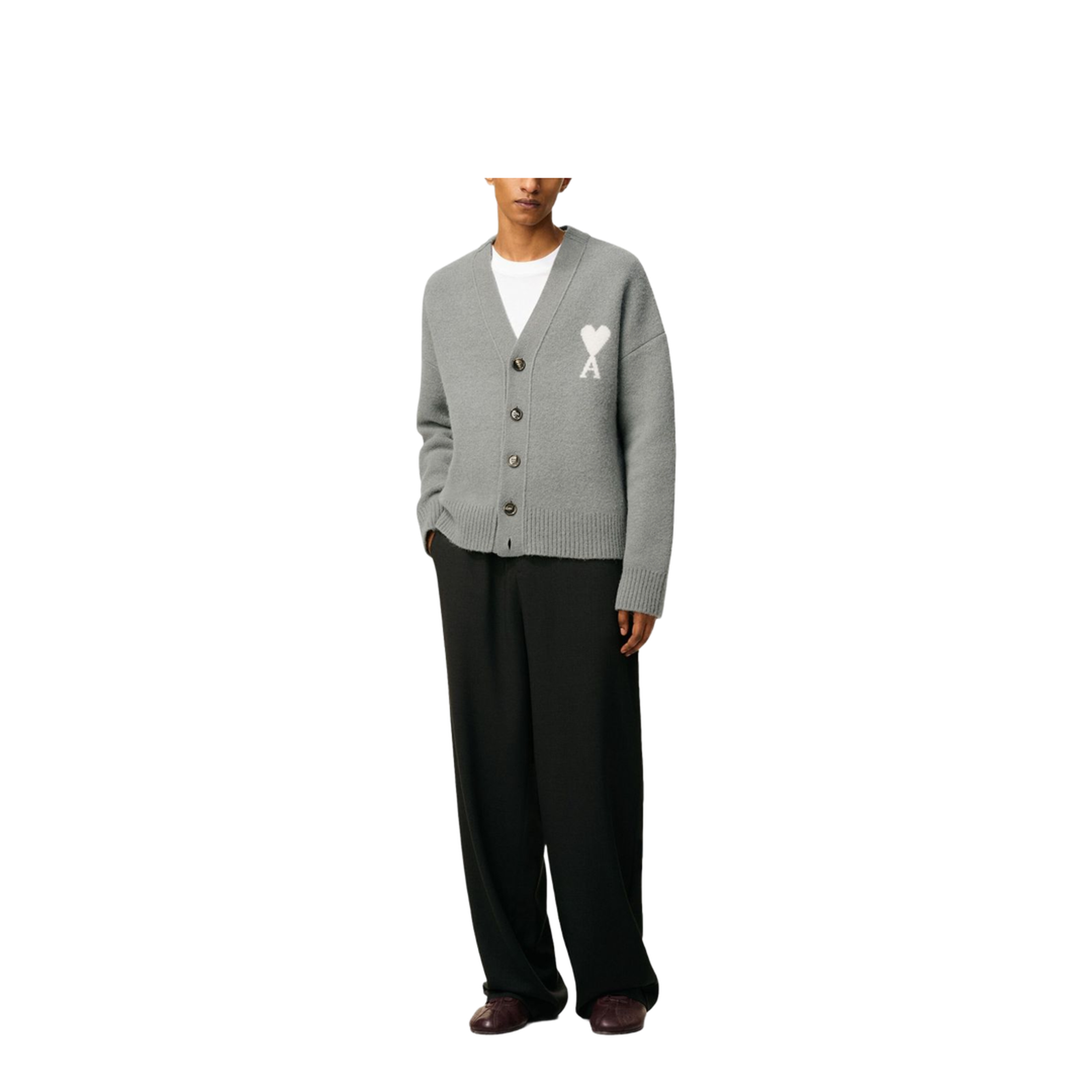 Grey Wool Cardigan Front-Button V-Neck