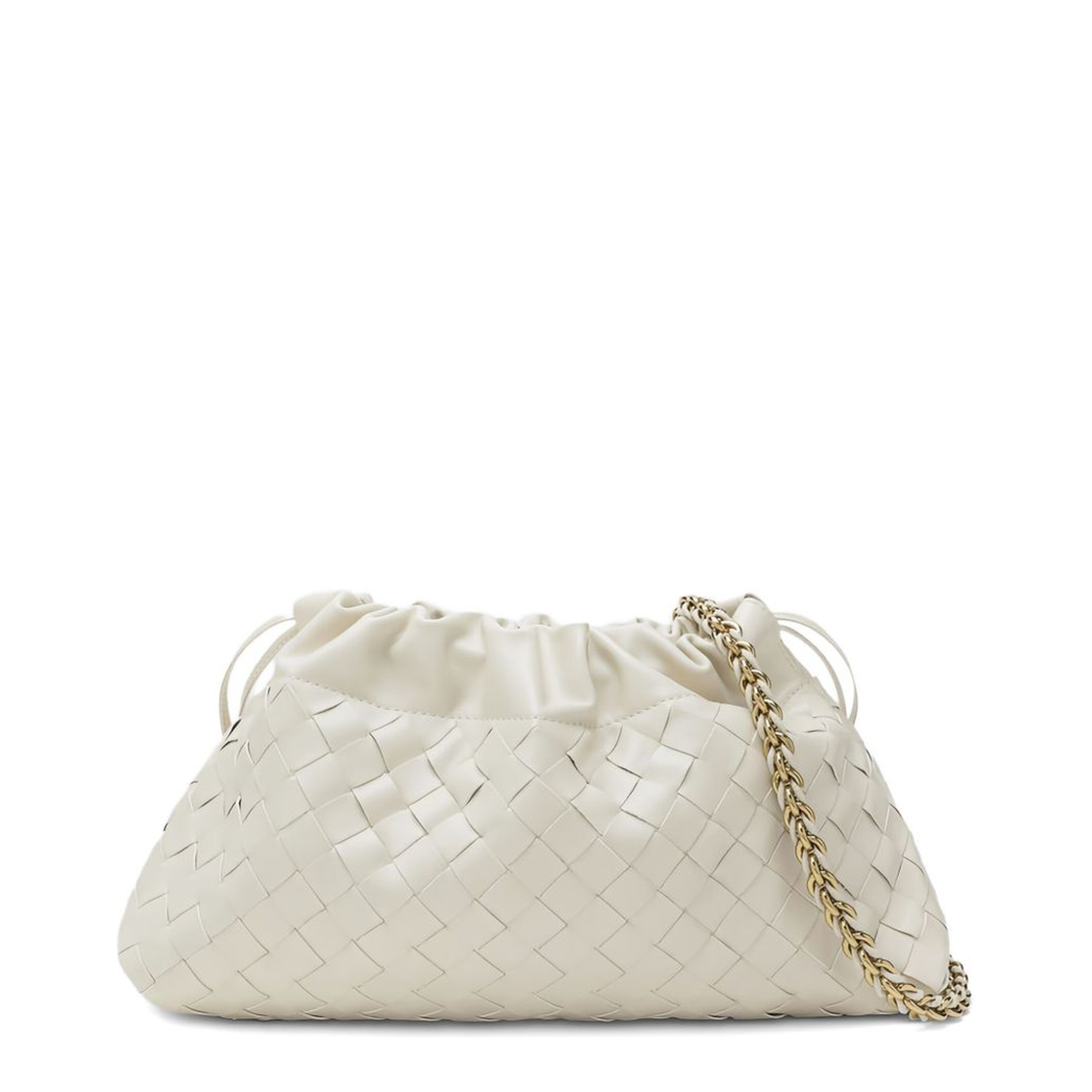 Off-White Leather Woven Design Drawstring Closure Chain-Link Shoulder Strap Gold-Tone Hardware