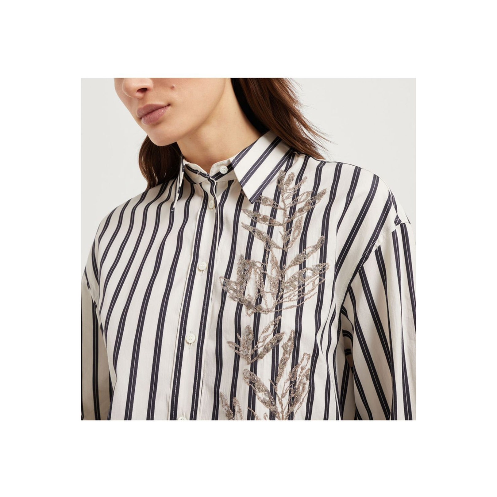 Cotton Striped Shirt with Glistening Flora Embroidery