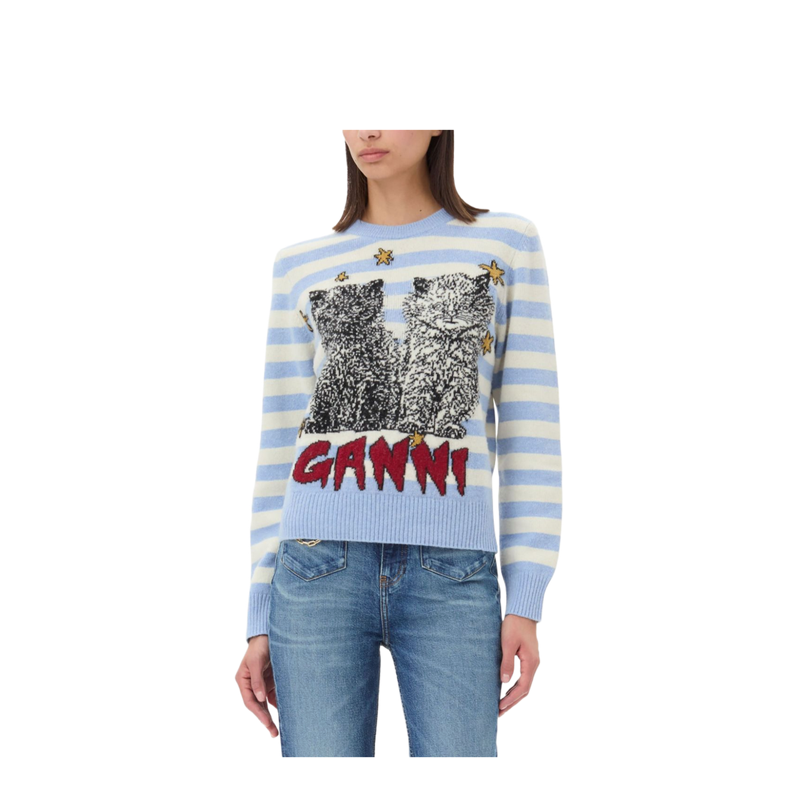 Striped Graphic Wool Mix Cats Knit - Illusion Blue