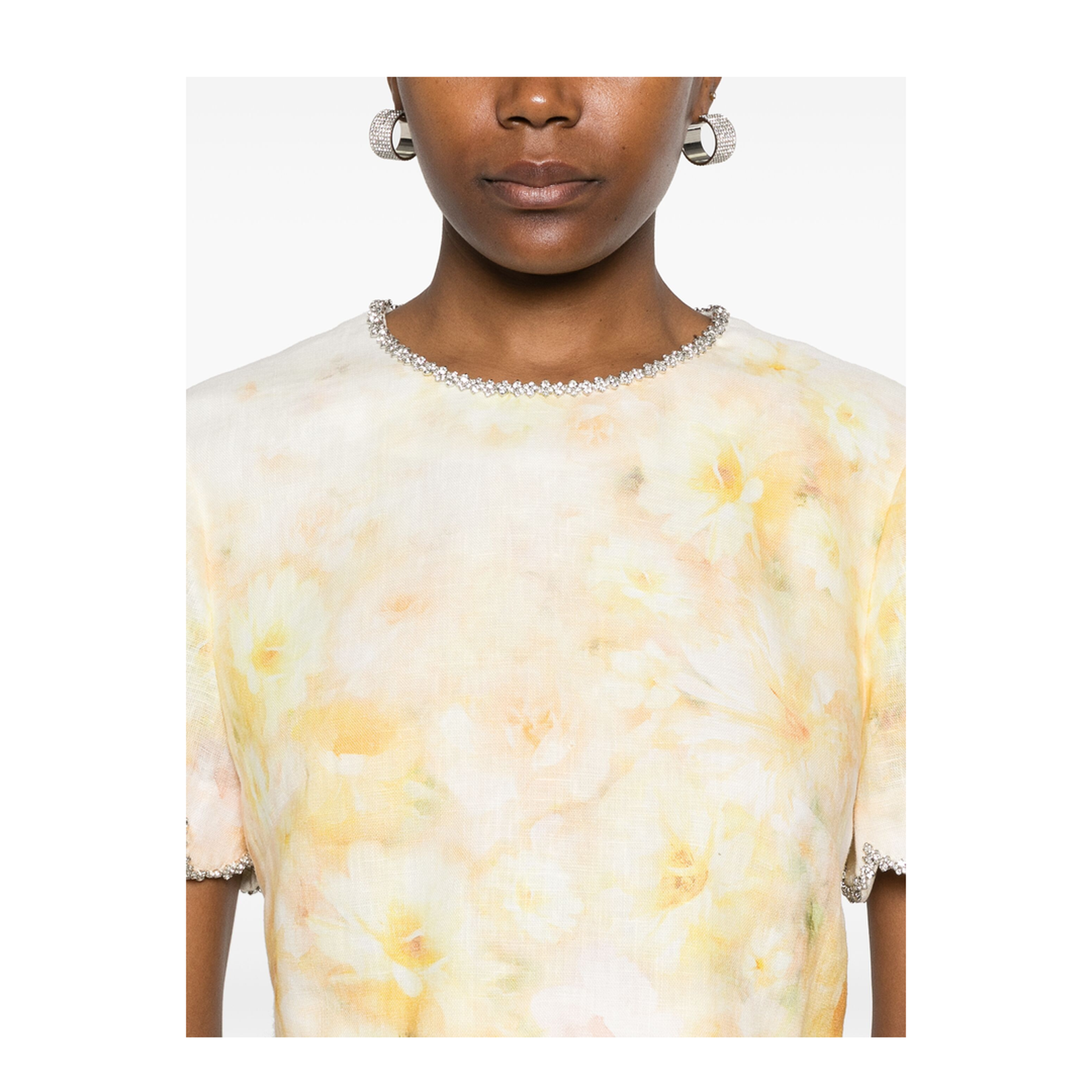 Short Top In Yellow Linen With Floral Print