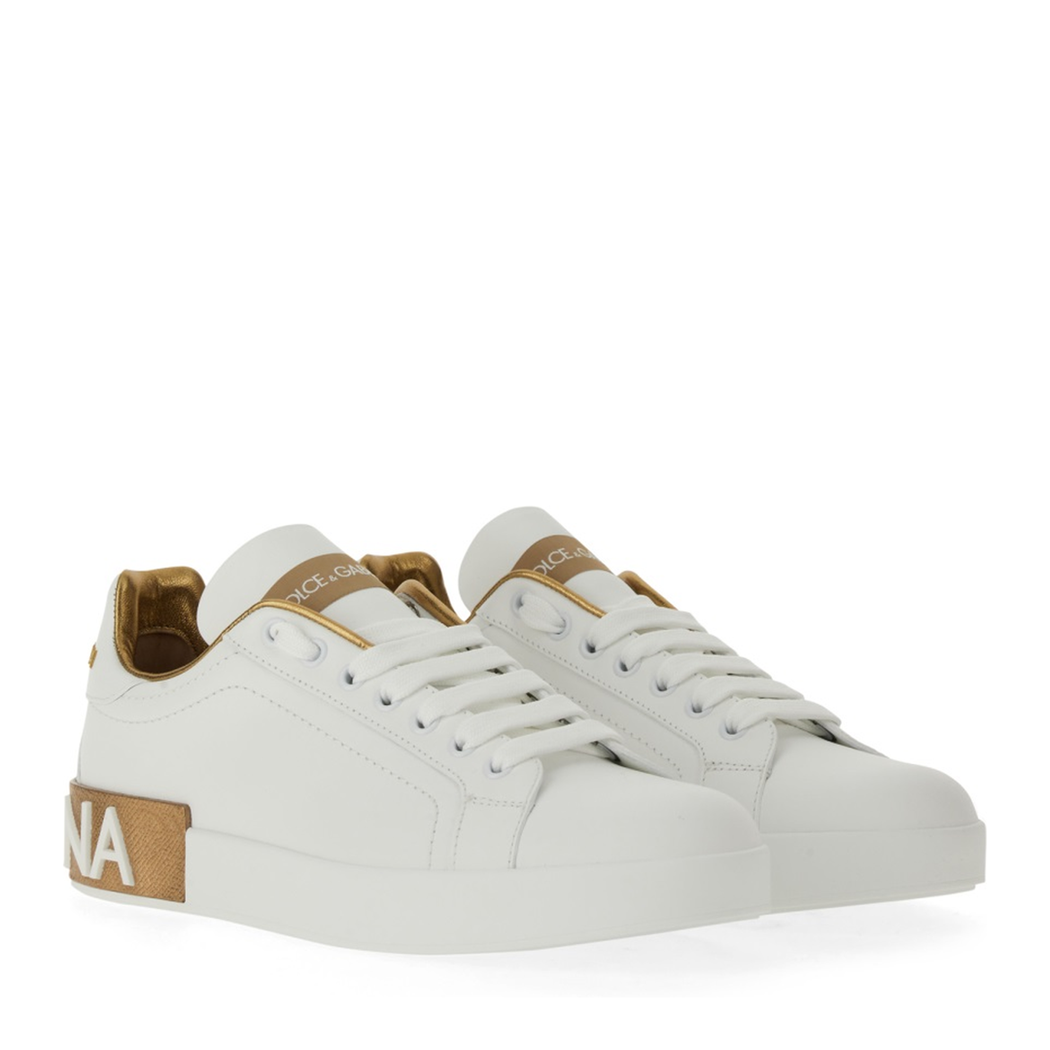 White Calfskin Low-Top Sneakers with Gold Details