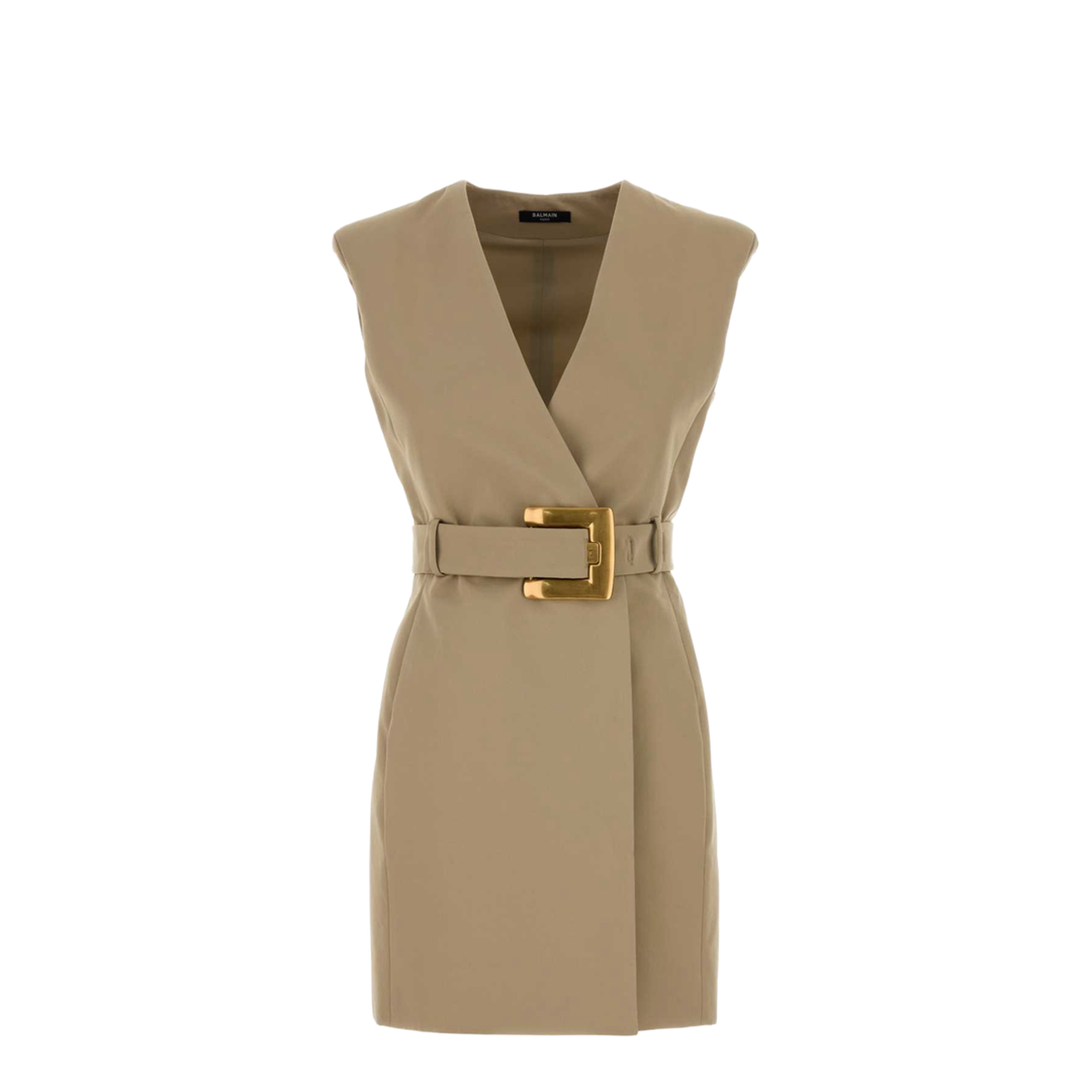 Belted Cotton Mini Dress Beige