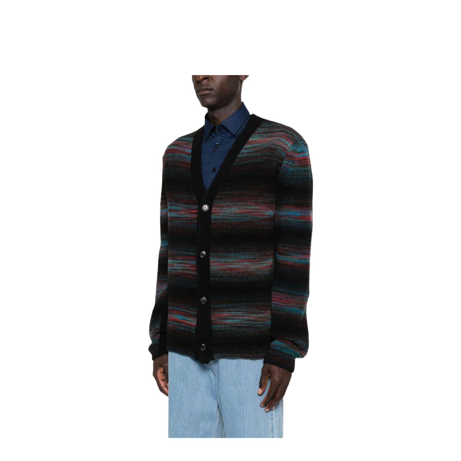 Black V-neck Sweater with Horizontal Stripes