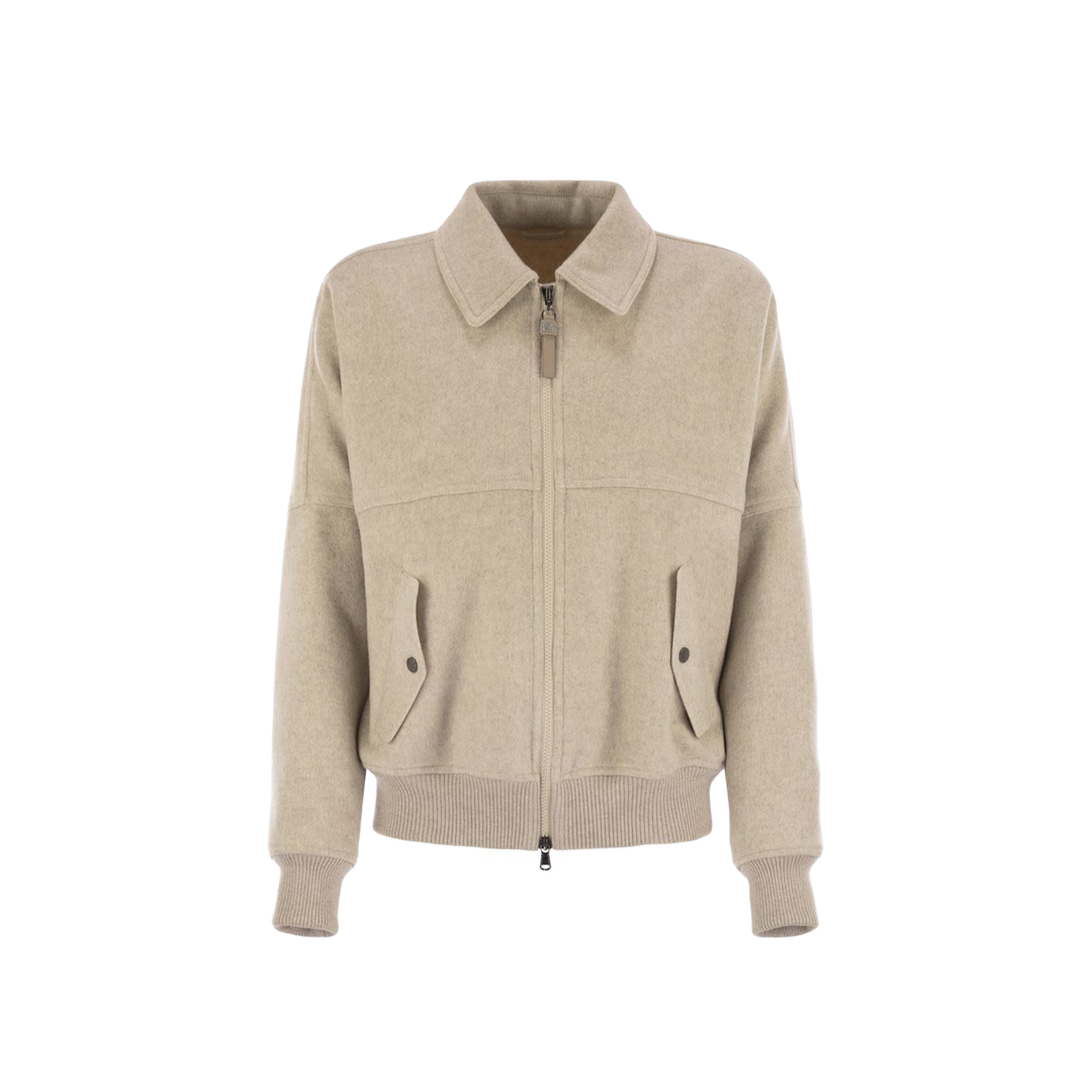 Double Cashmere And Wool Cloth Bomber Jacket With Shiny Zipper Pull In Neutral