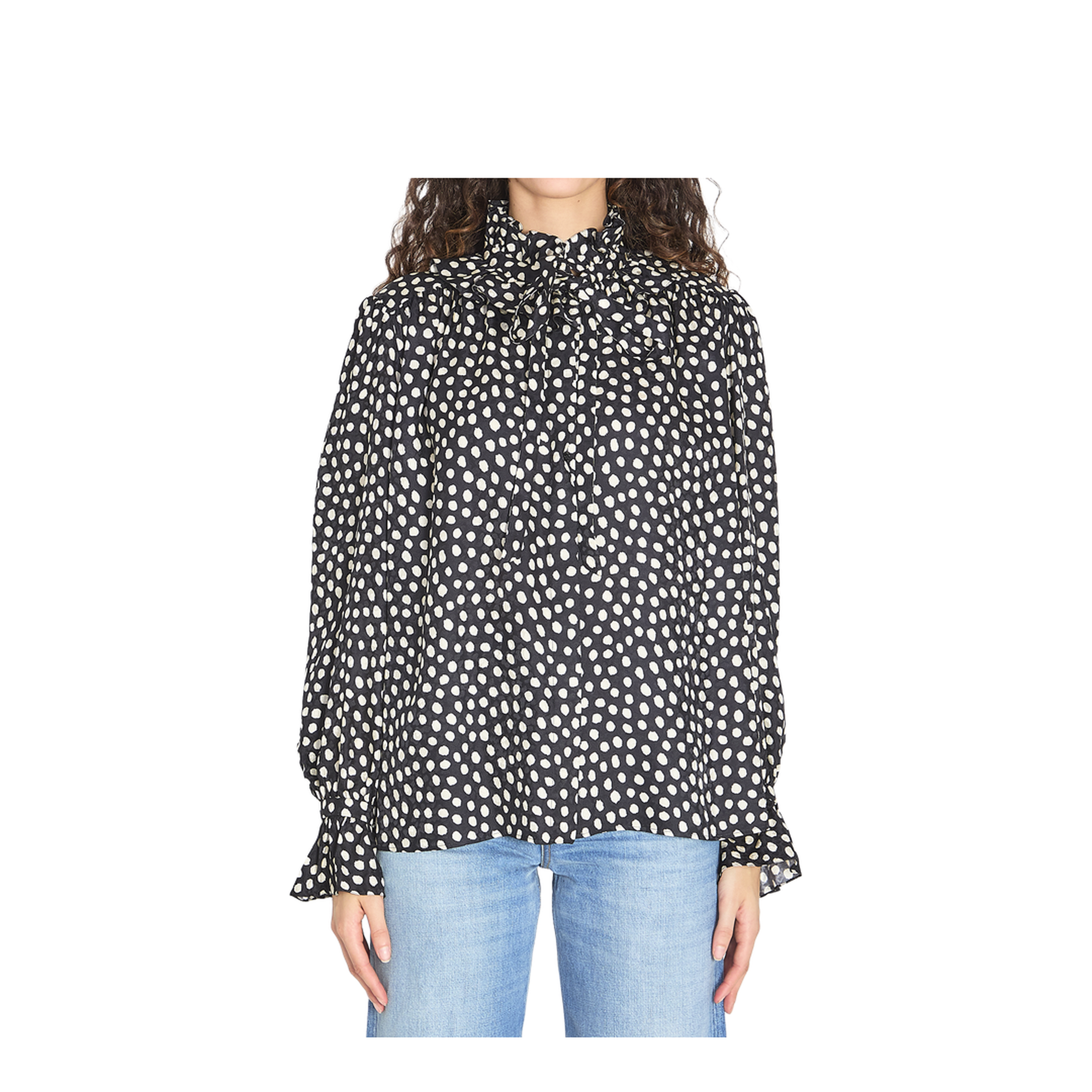 Black Blouse with High Neck and All-Over Polka Dot Motif