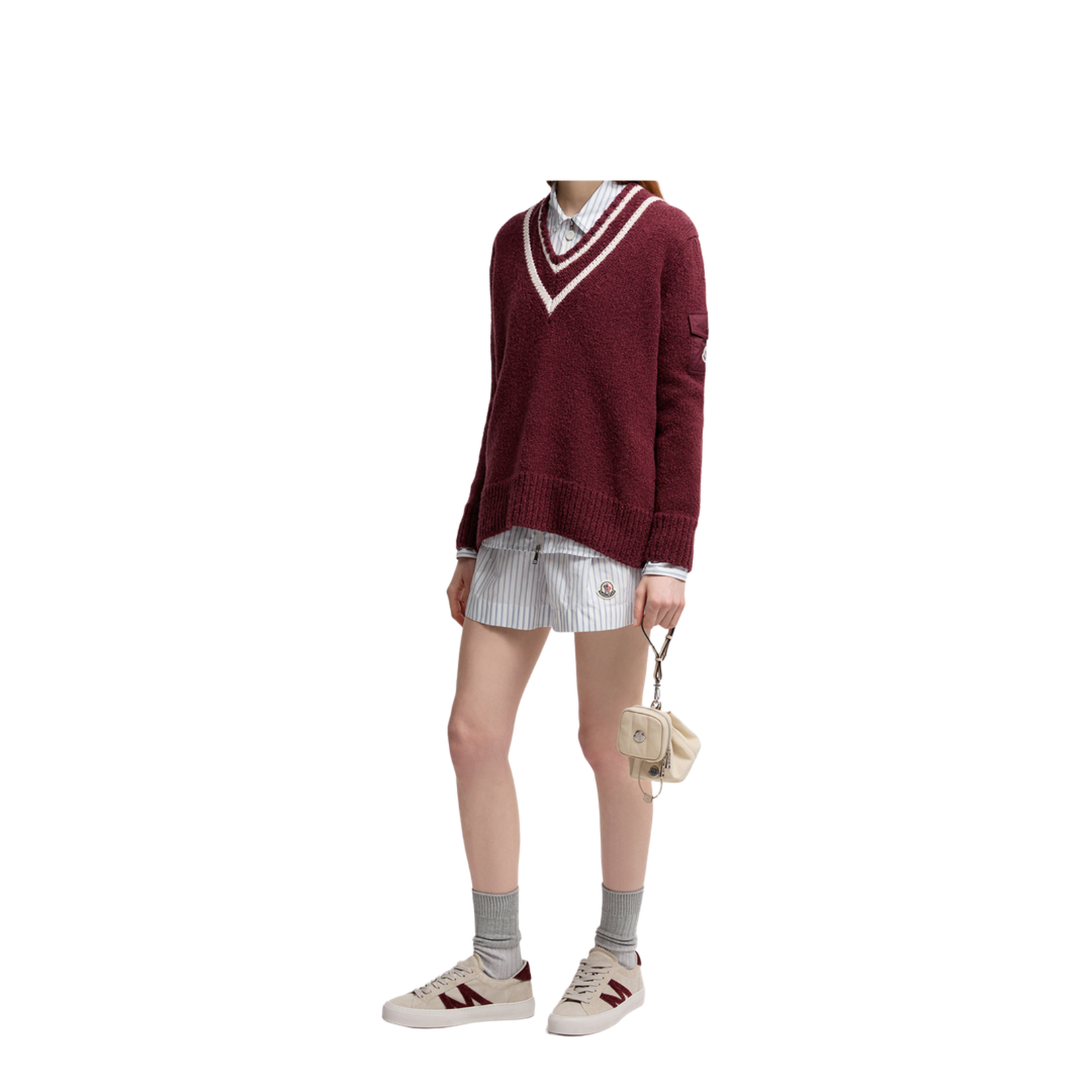 Burgundy Padded V-Neck Cotton & Wool Blend Jumper