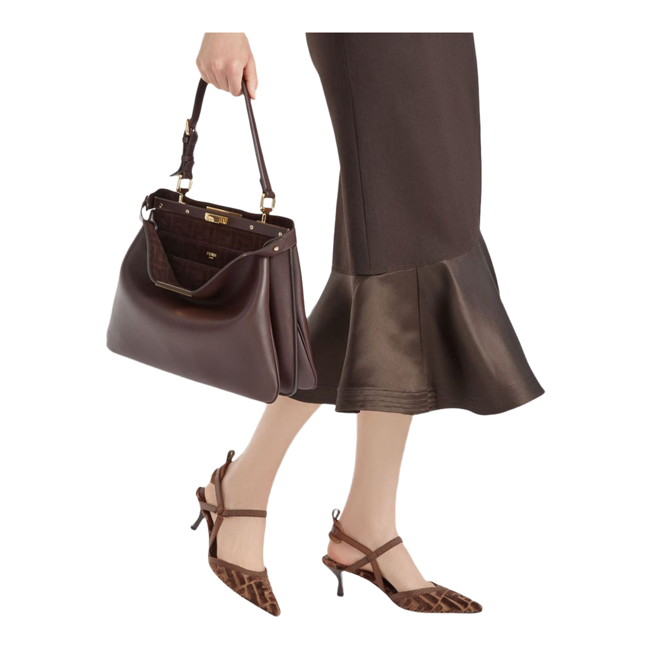 Brown FF Motif Jacquard Velvet Slingback Strap Pointed Toe