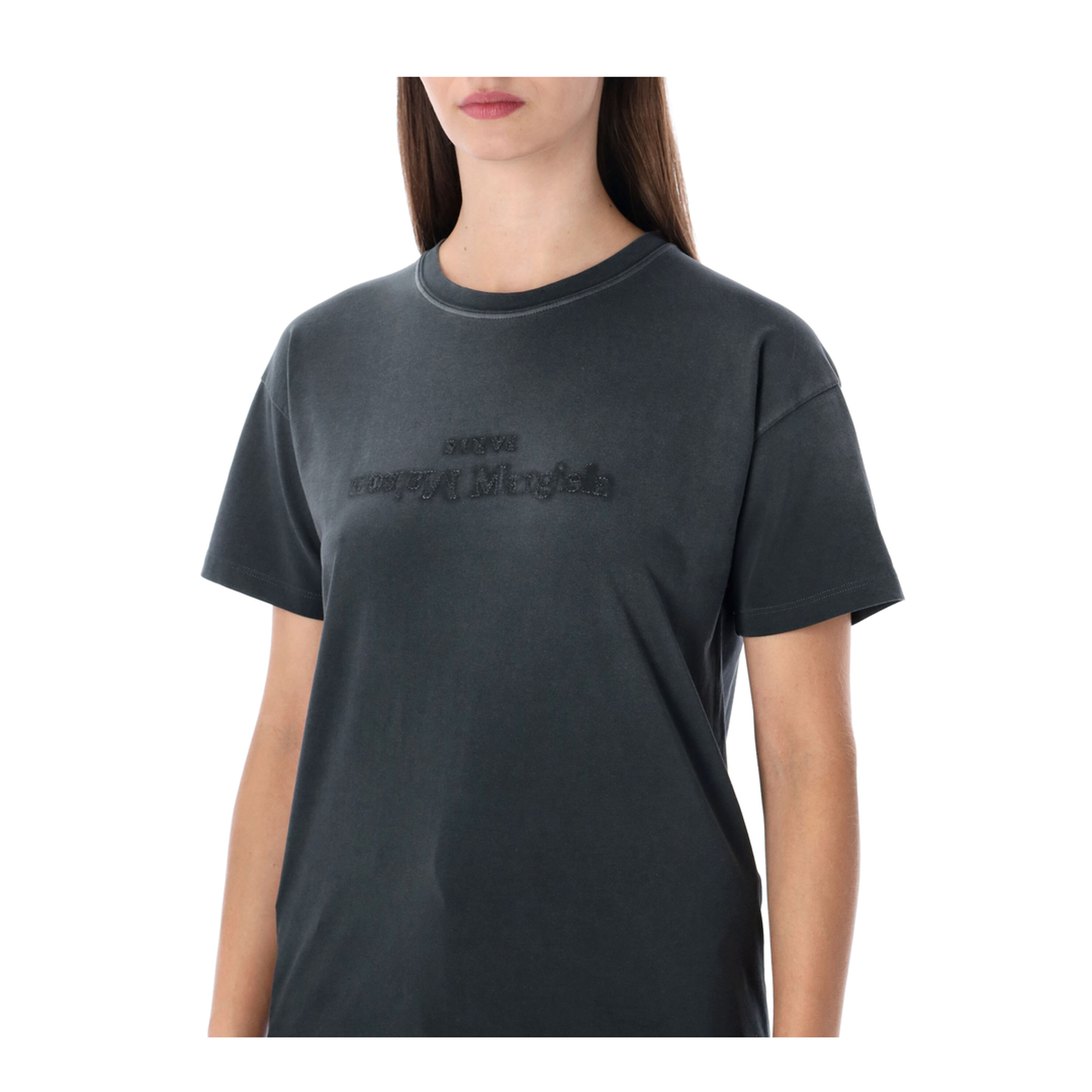 Black Washed-Out Cotton T-Shirt with Reverse Logo