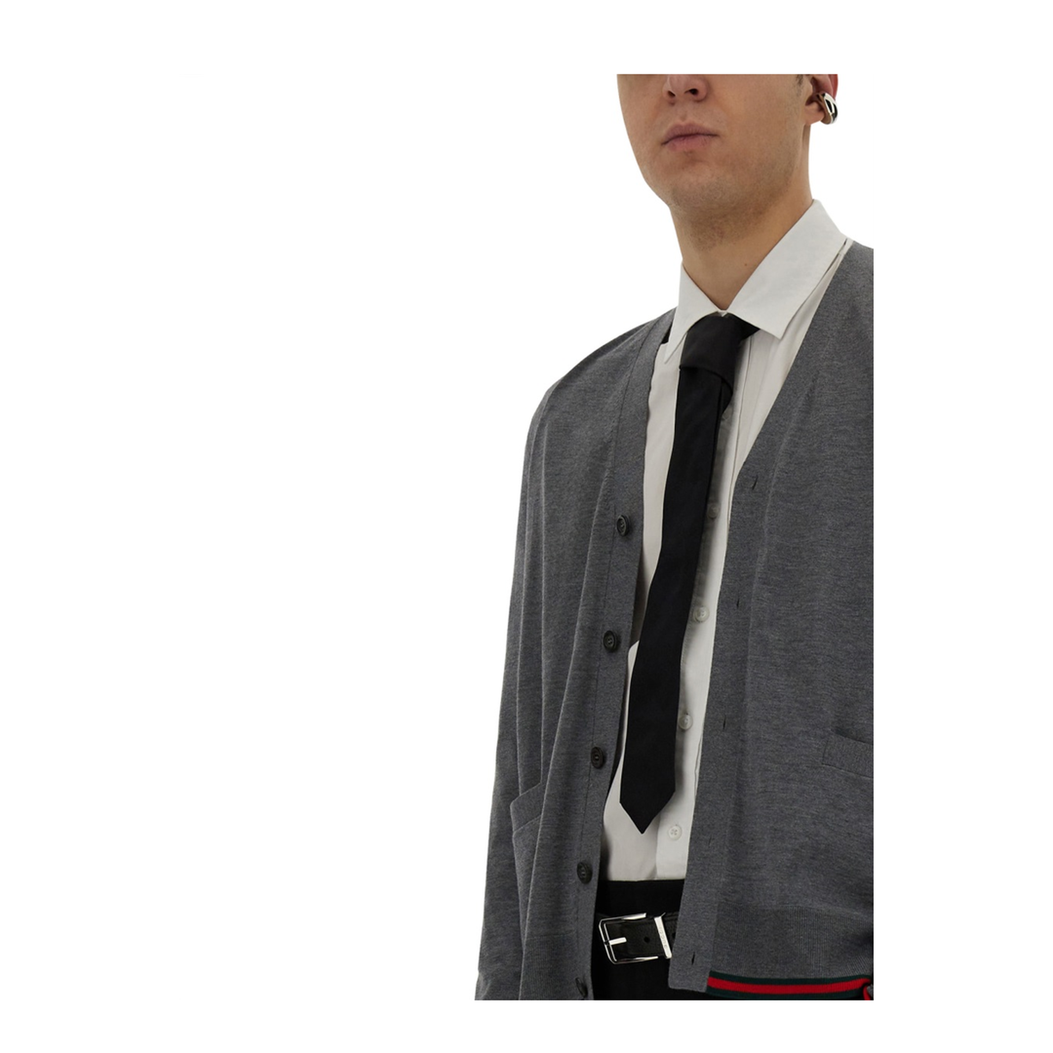 Wool Knit Cardigan with Web in Dark Grey