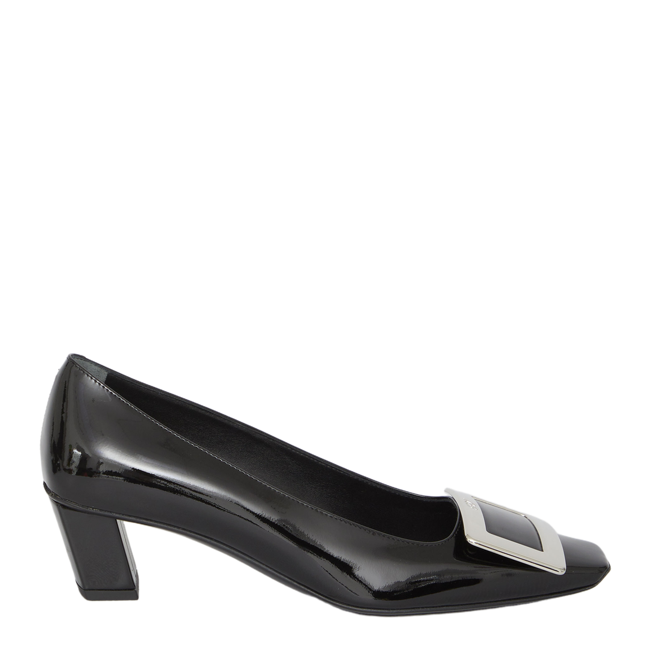 black calfskin pumps with buckle and wide heel