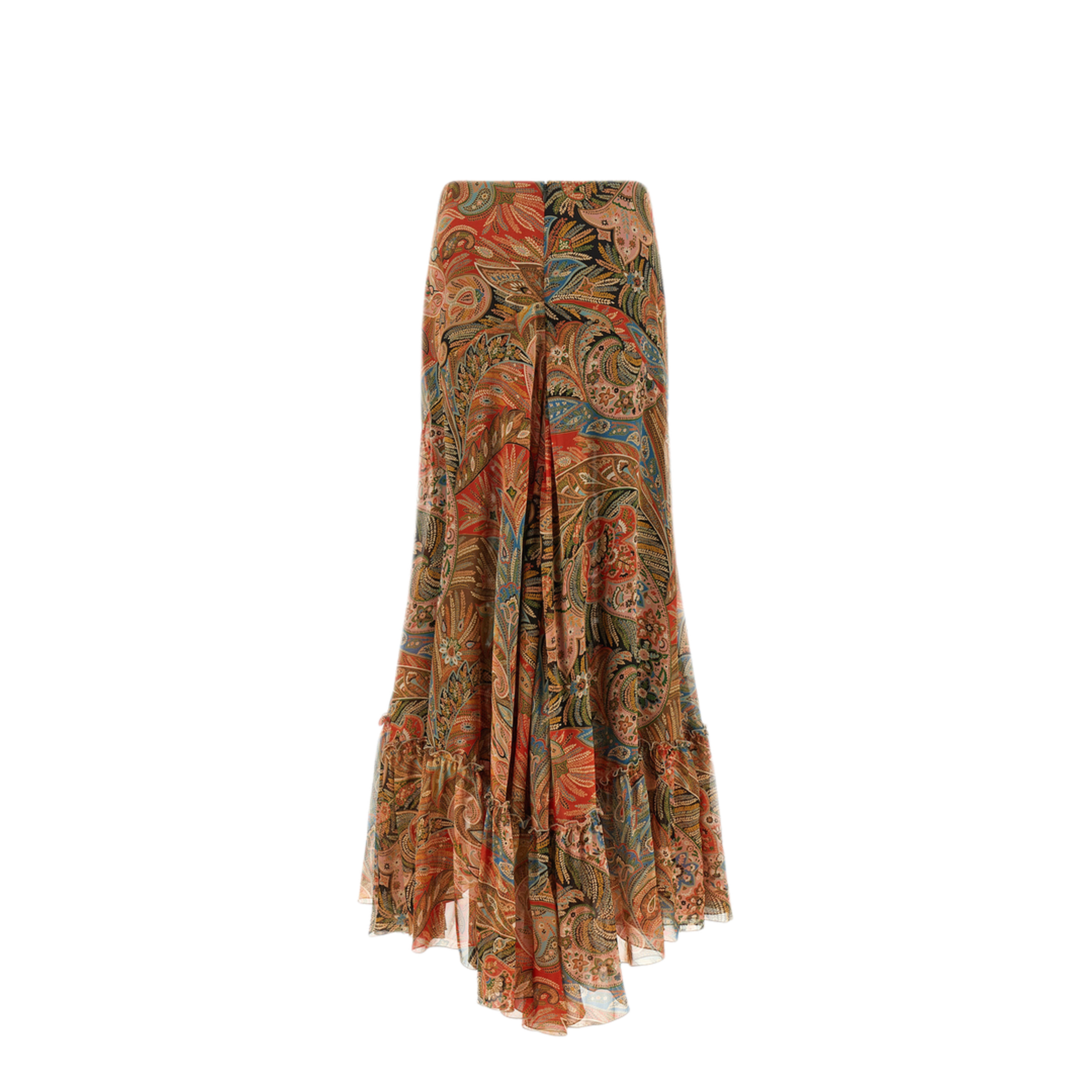 Silk Maxi Skirt with Flounce and Paisley Motif