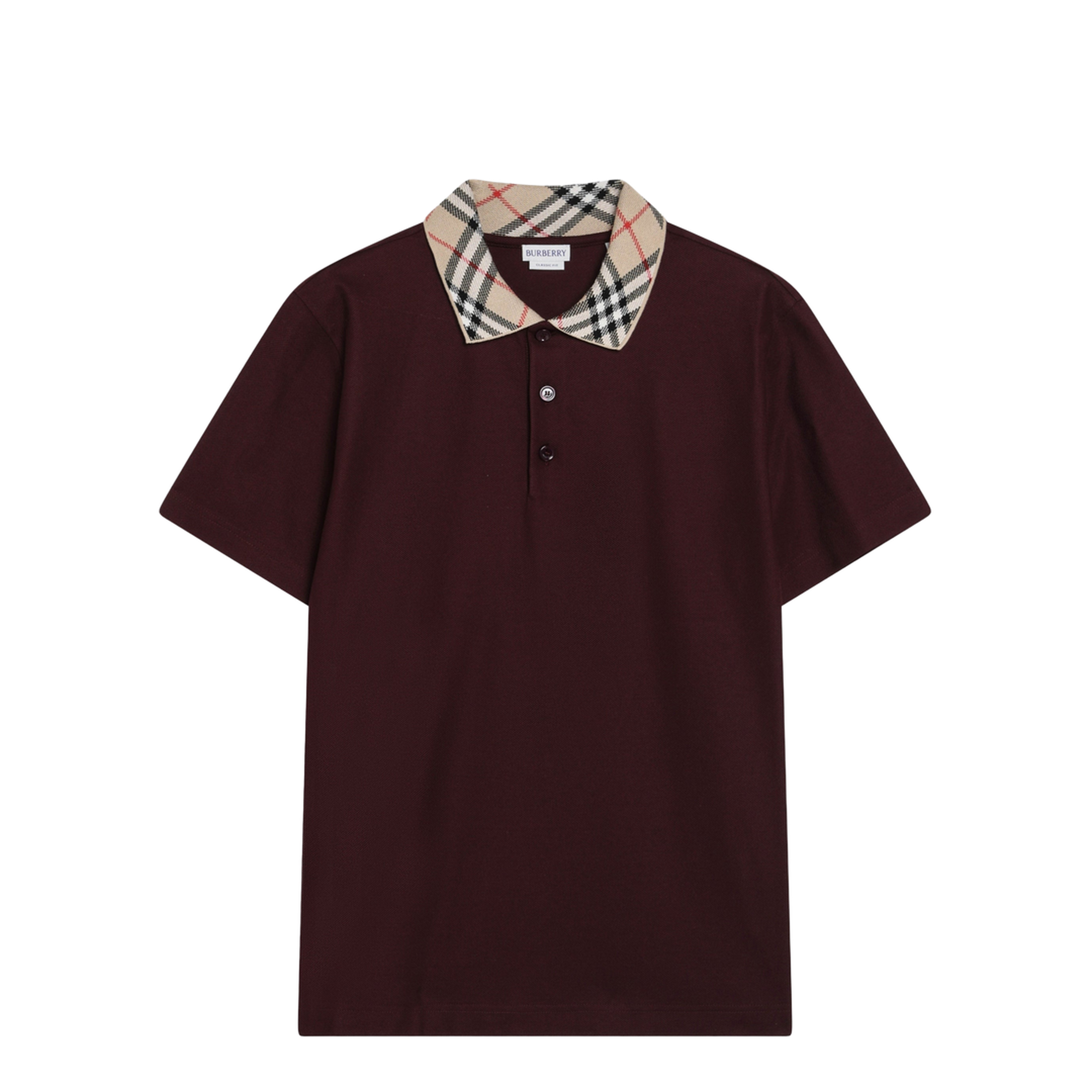 MAYFEYR - Burberry - Cotton Polo Shirt With Check Collar In Vineyard Red - 8127677121046C5335