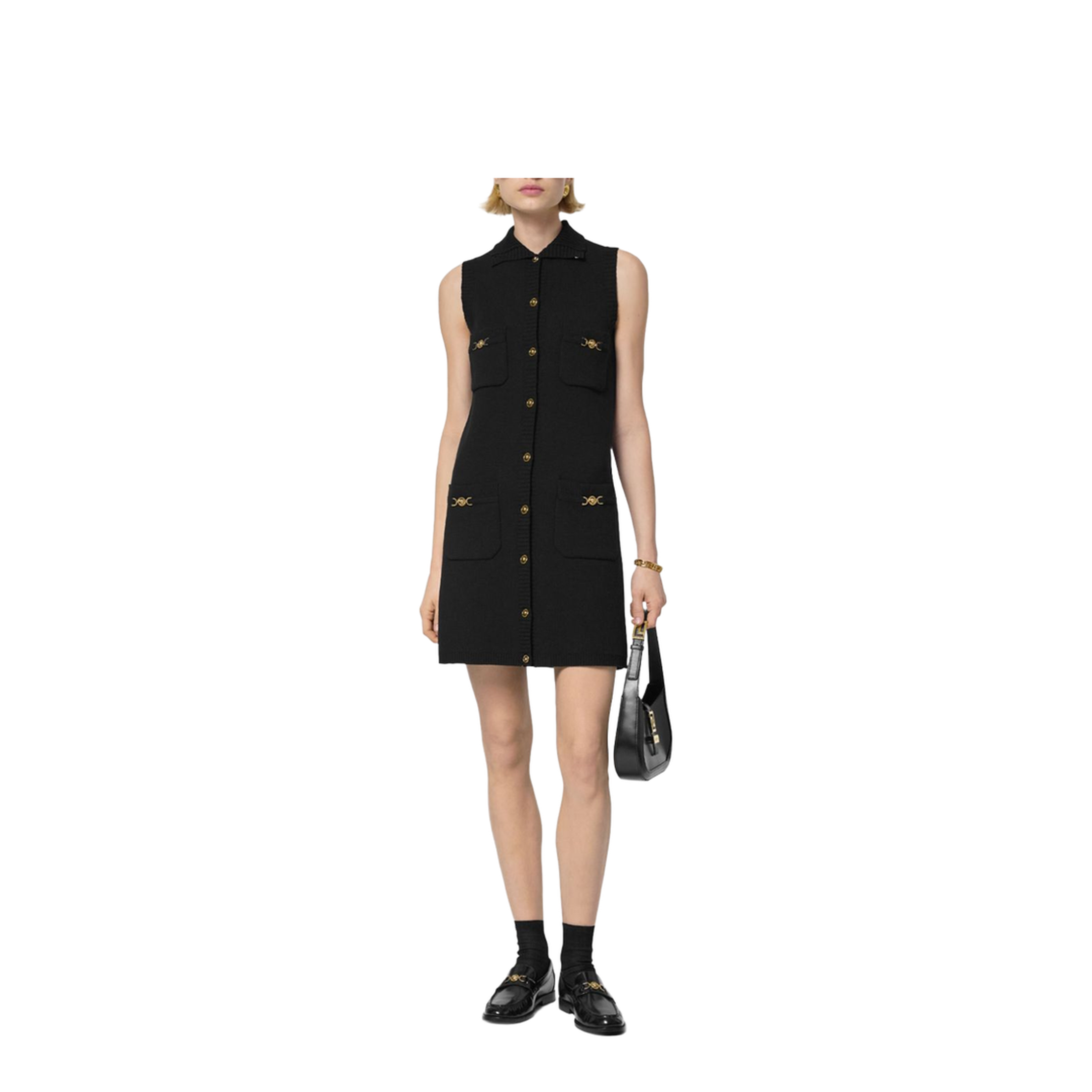 Black Mini Sleeveless Dress with Medusa Detail