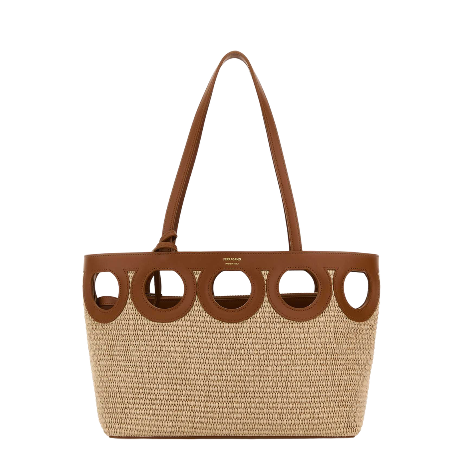 トートバッグ SALVATORE FERRAGAMO Camel Raffia Small Tt Sign Shopping Bag Ferragamo Camel Raffia Small Tt Sign Shopping Bag | italist