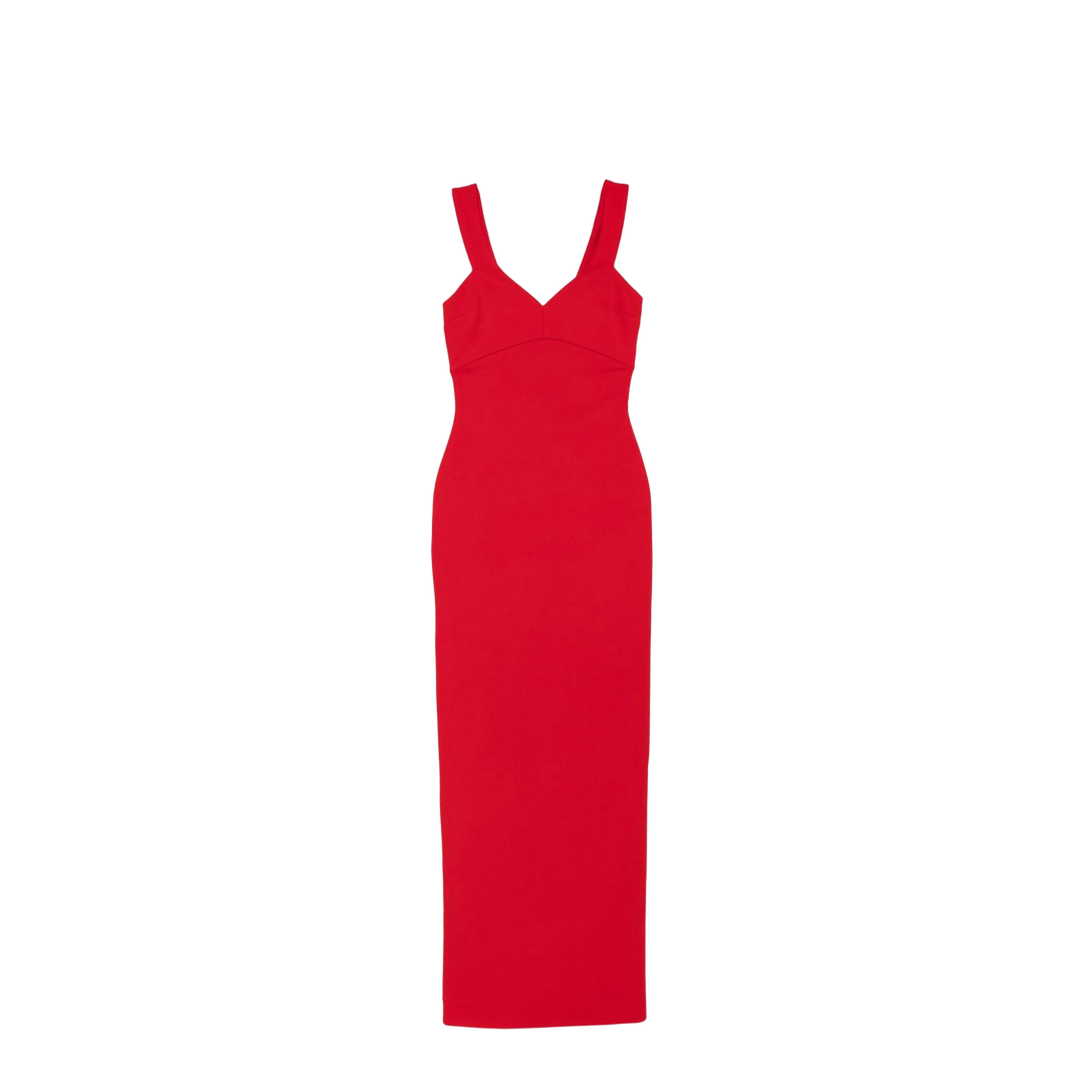 Red Sleeveless Design V-Neckline Fitted Bodice Maxi Length Straight Skirt