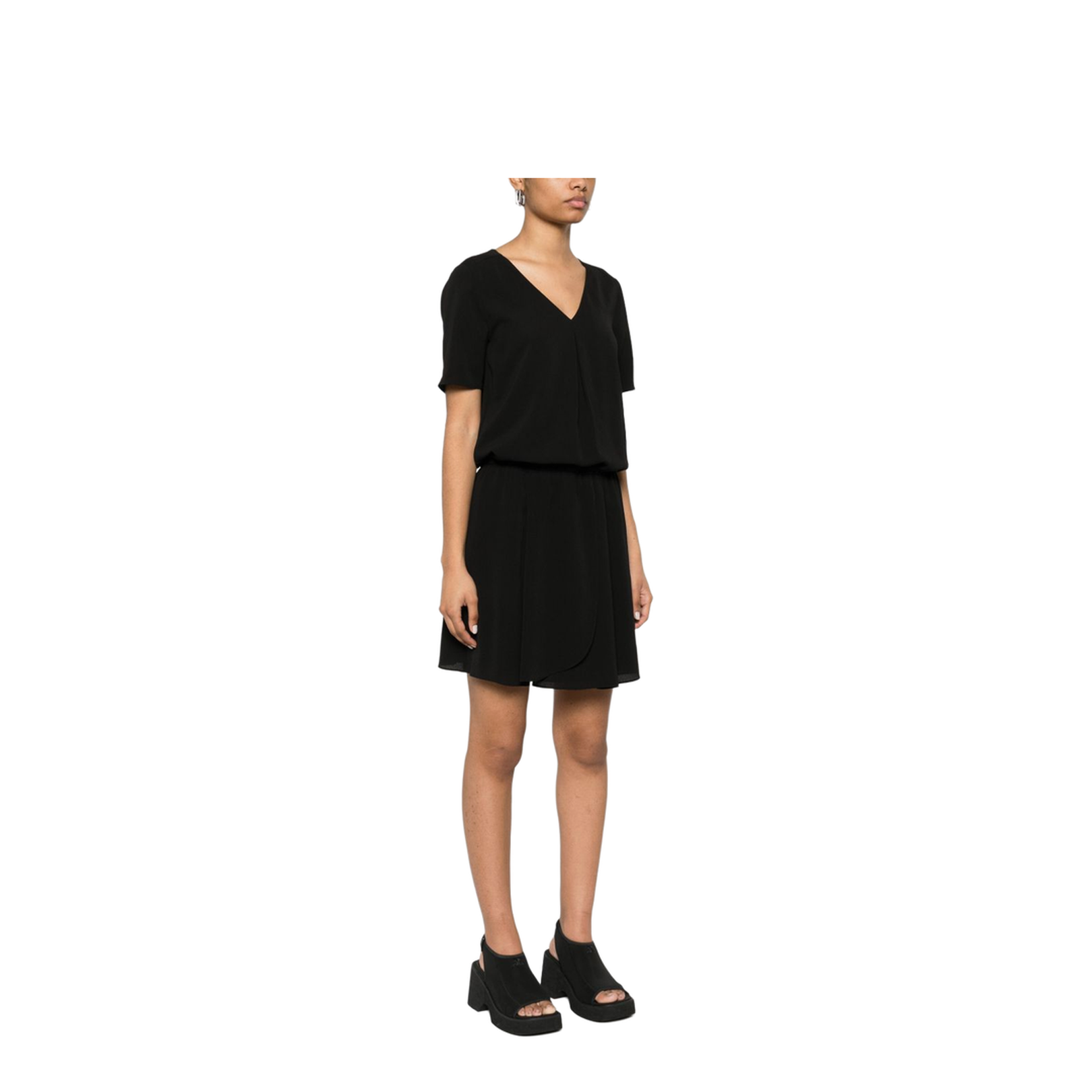 Fluid Crêpe Short Dress with Gathering and a Belt at the Waist