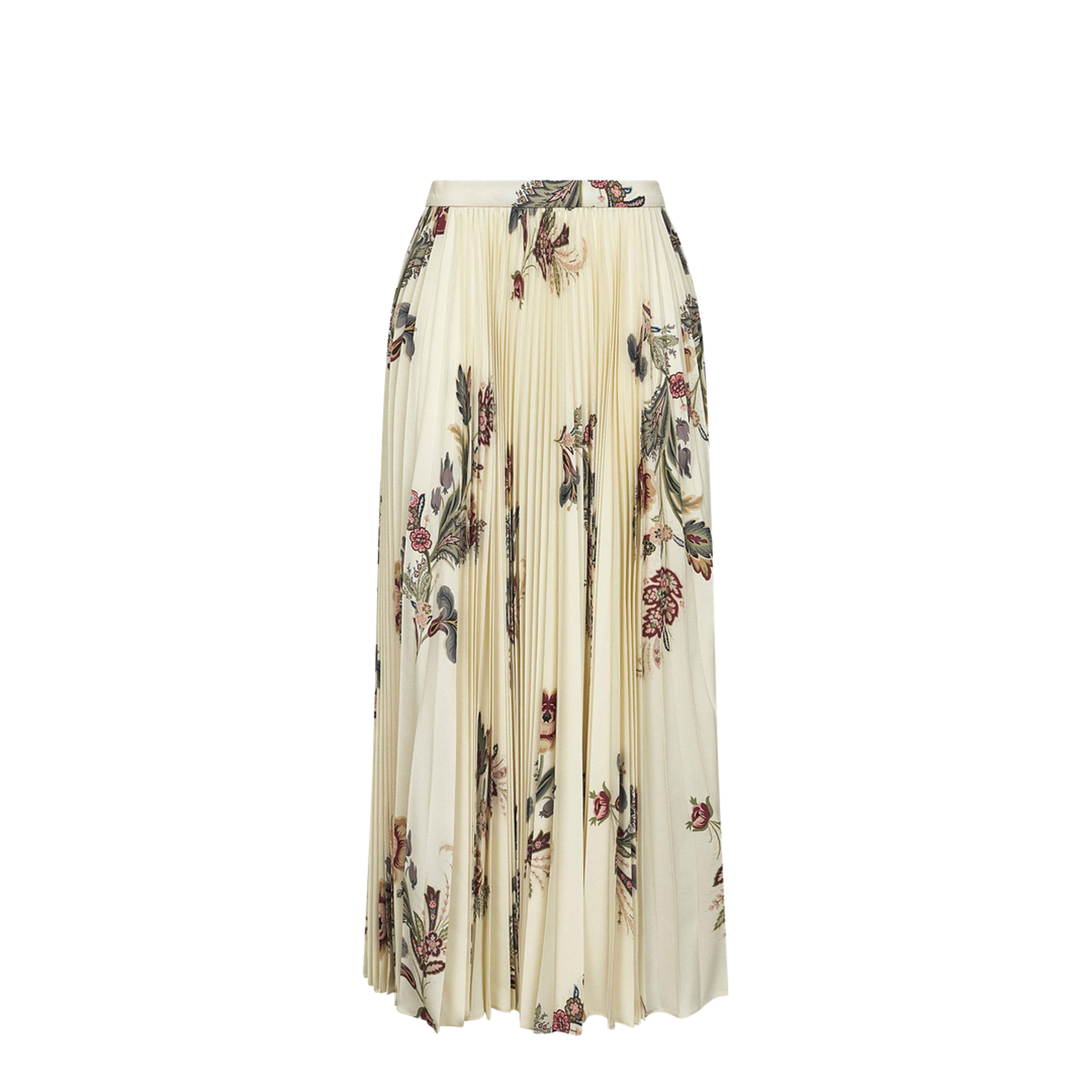 Beige Floral Print Sablé Pleated Midi Skirt