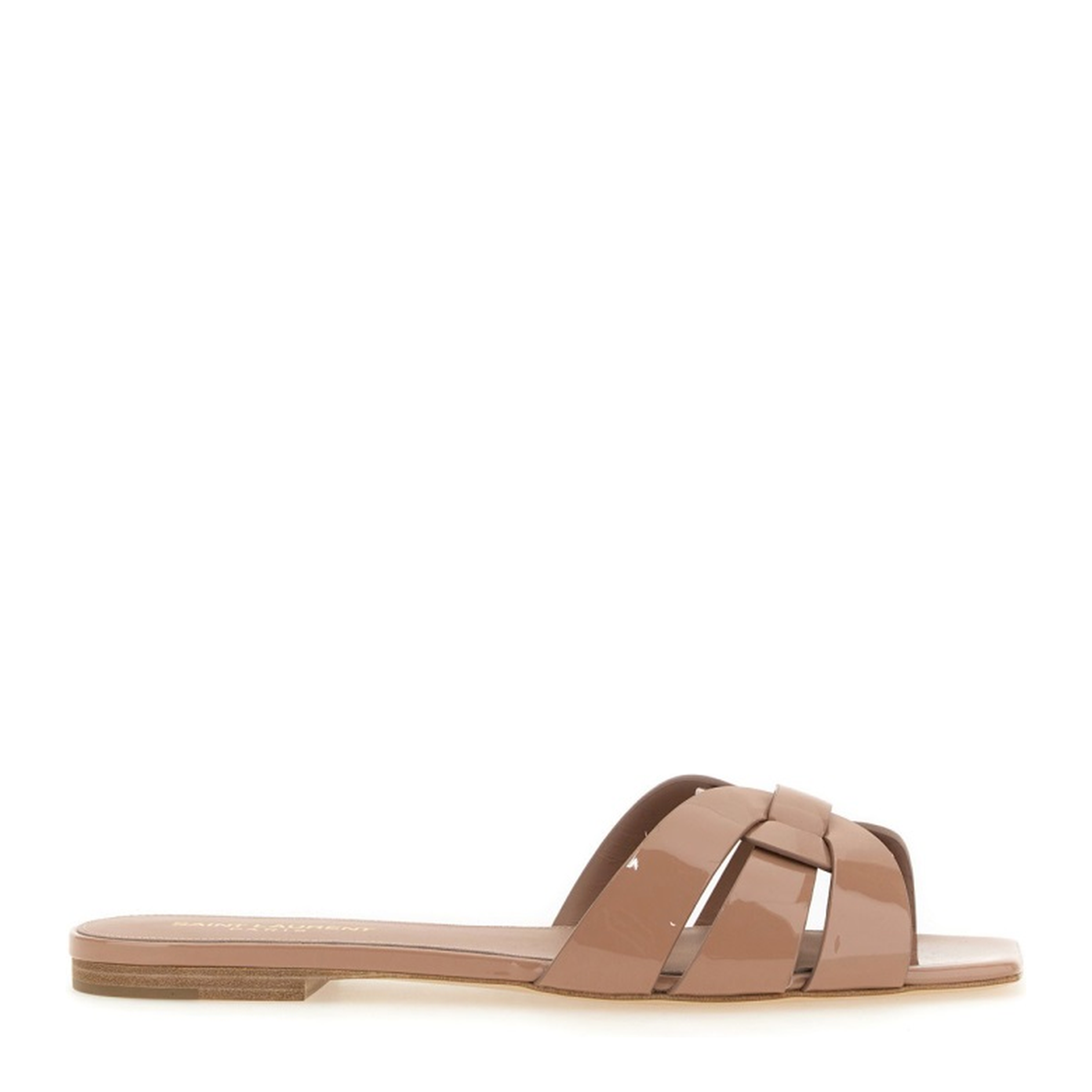 Powder Pink Leather Patent Finish Square Open Toe Multi-Way Strap Design Flat Sole Slip-On Style