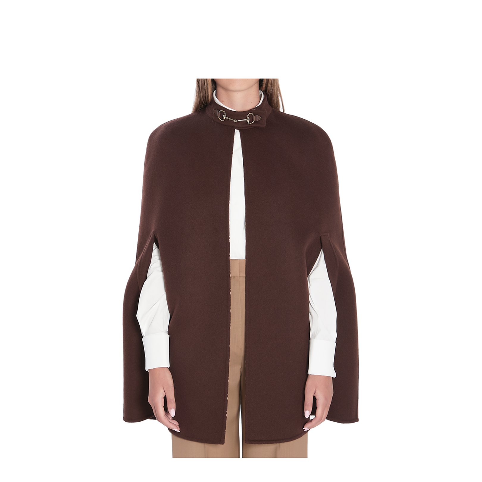 Silk Wool Cape with Horsebit in Brown