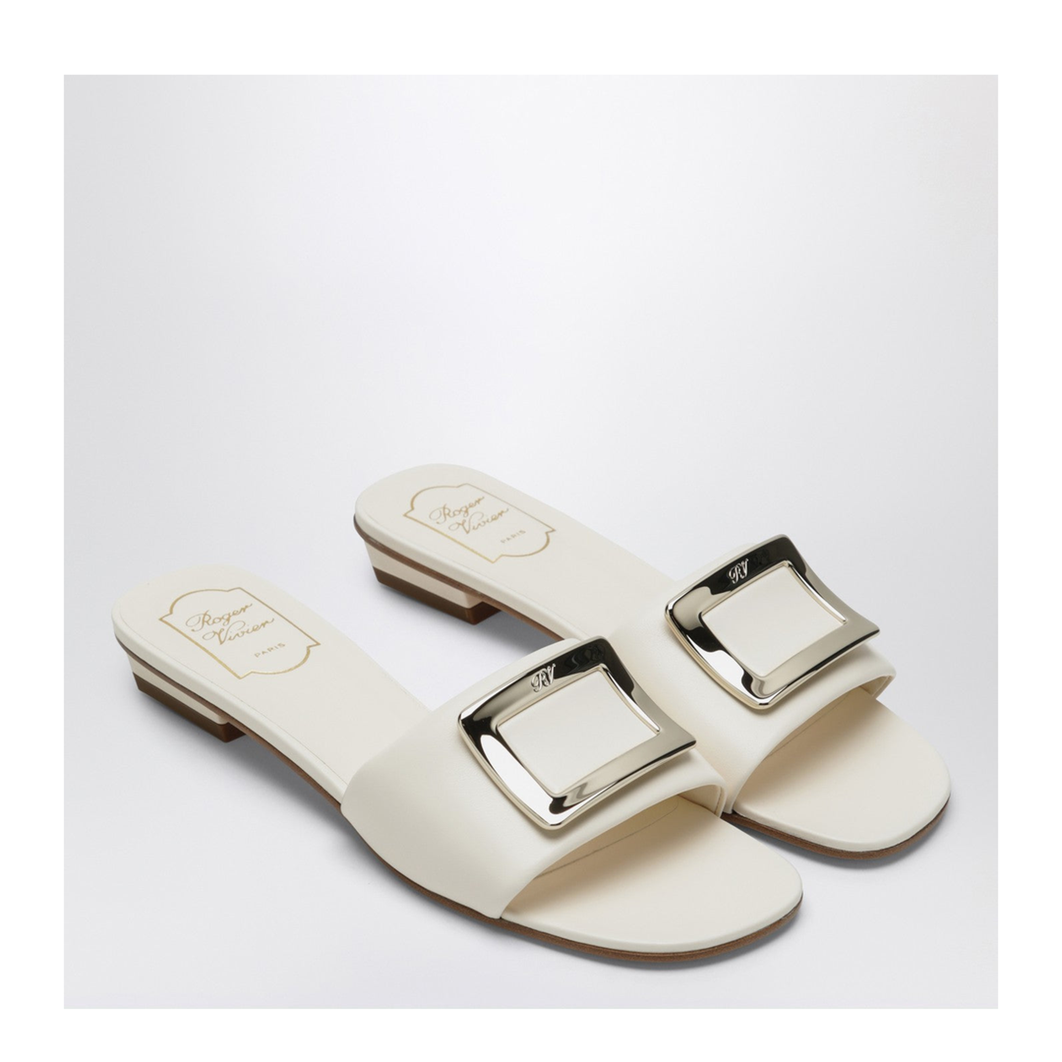 Square Buckle Leather Slides White