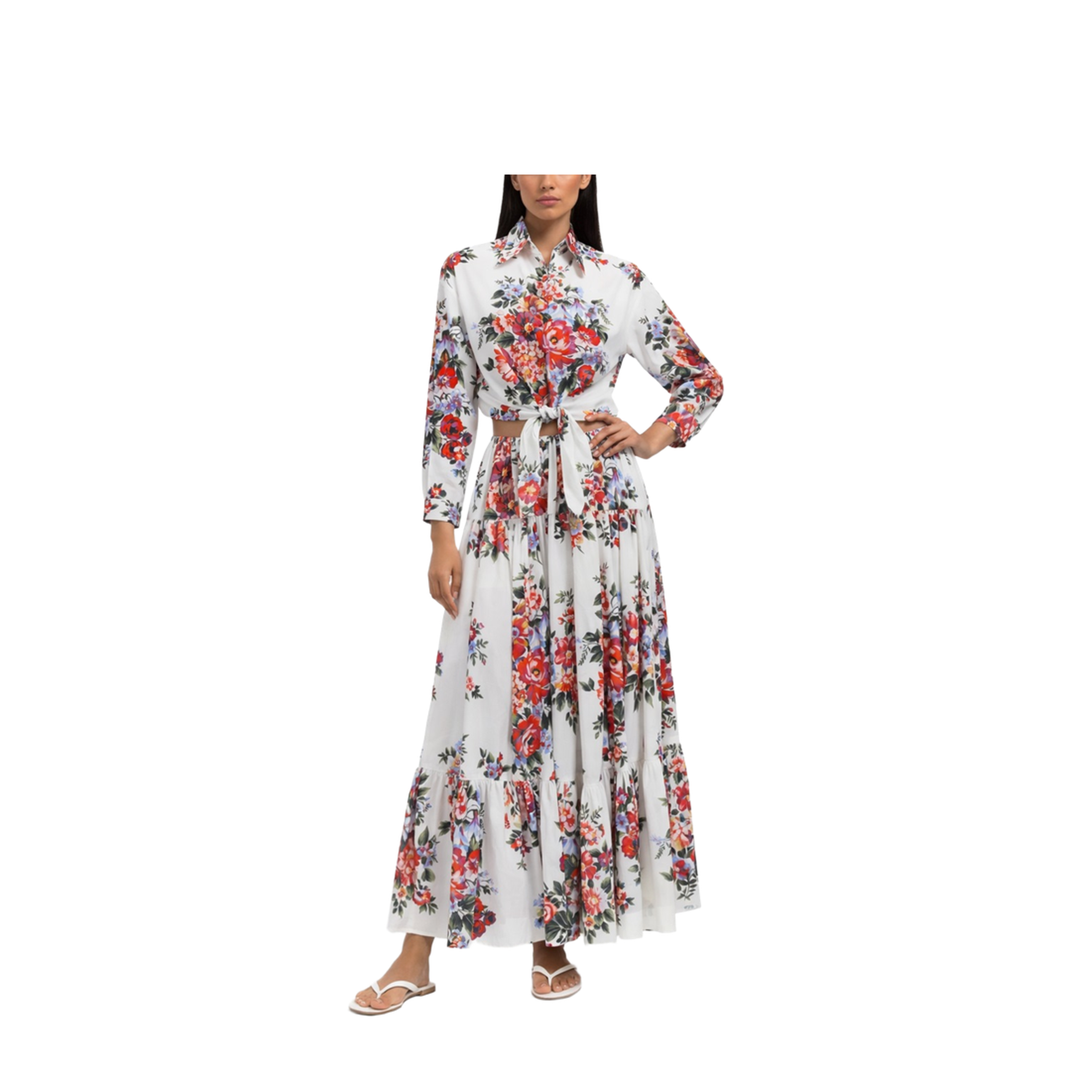 Flower Bouquet-Print Poplin Long Skirt
