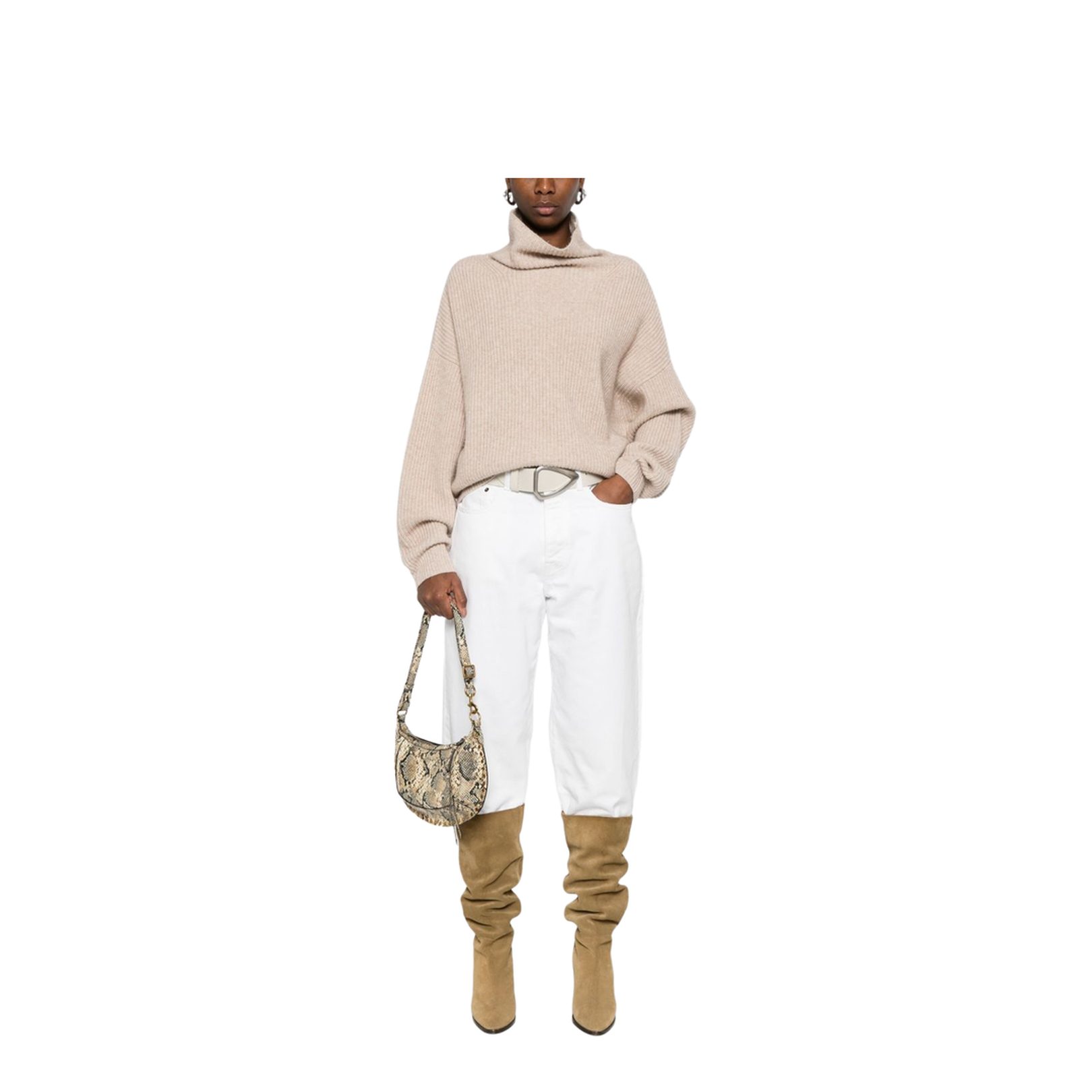 Ecru Drop Shoulder Roll Neck Long Sleeves Ribbed Cuffs and Hem