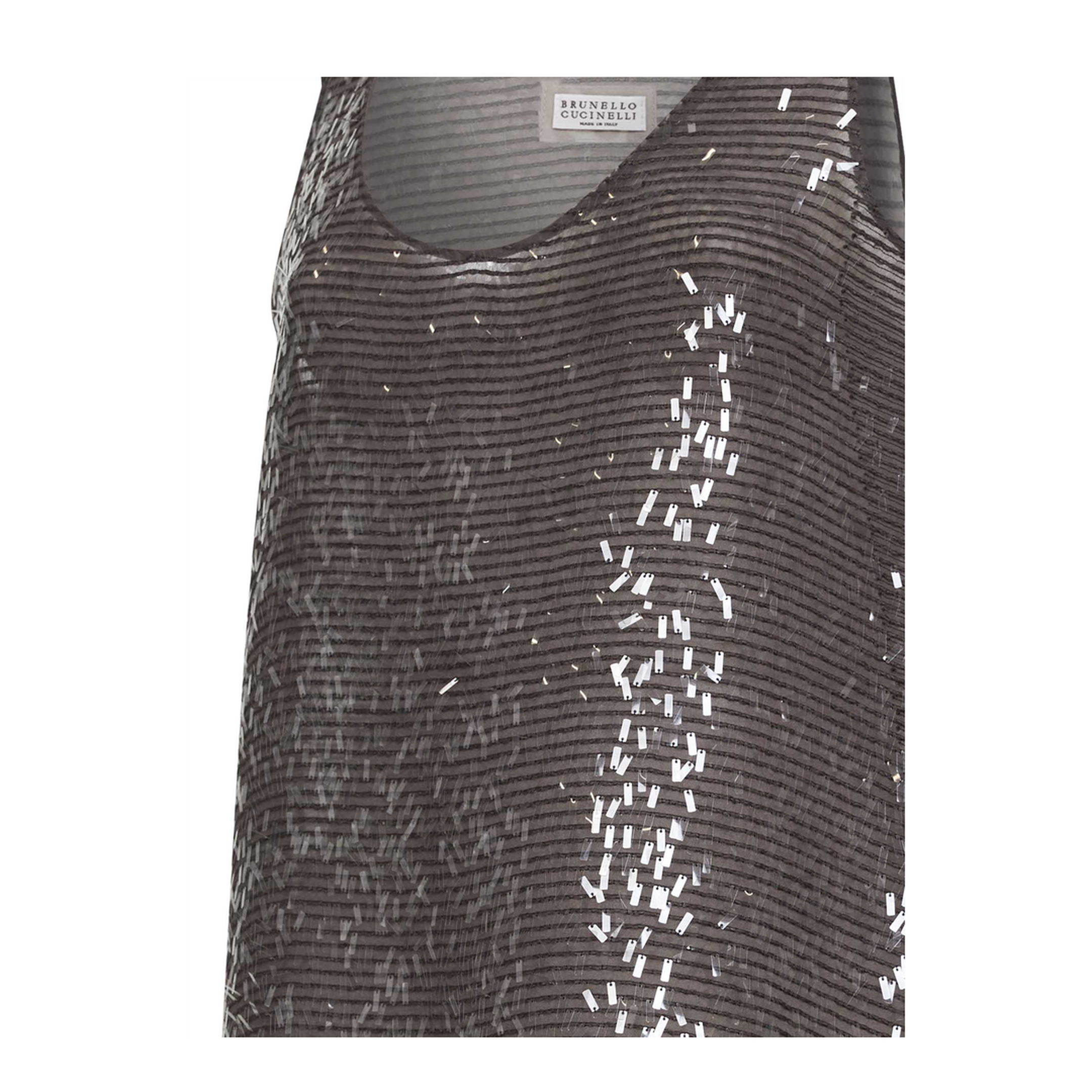 Brown Silk Sequin Top With Round Neck