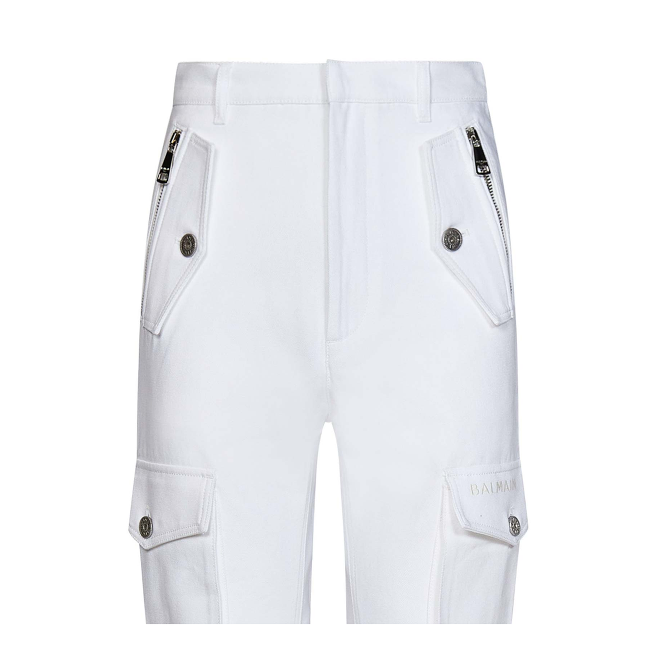White Cargo Pants Silver Logo Plate