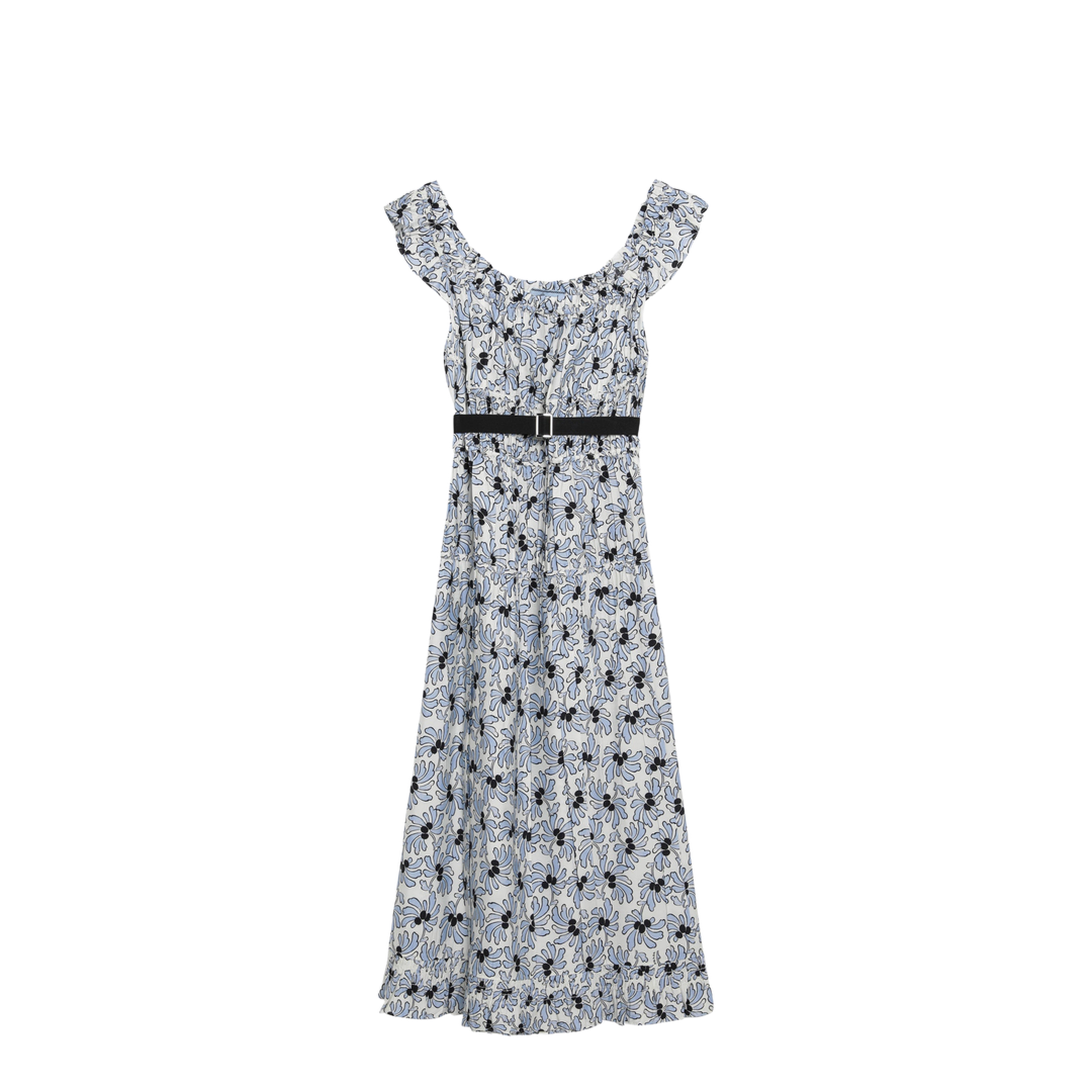 Floral-print Pongee Dress in Light Blue