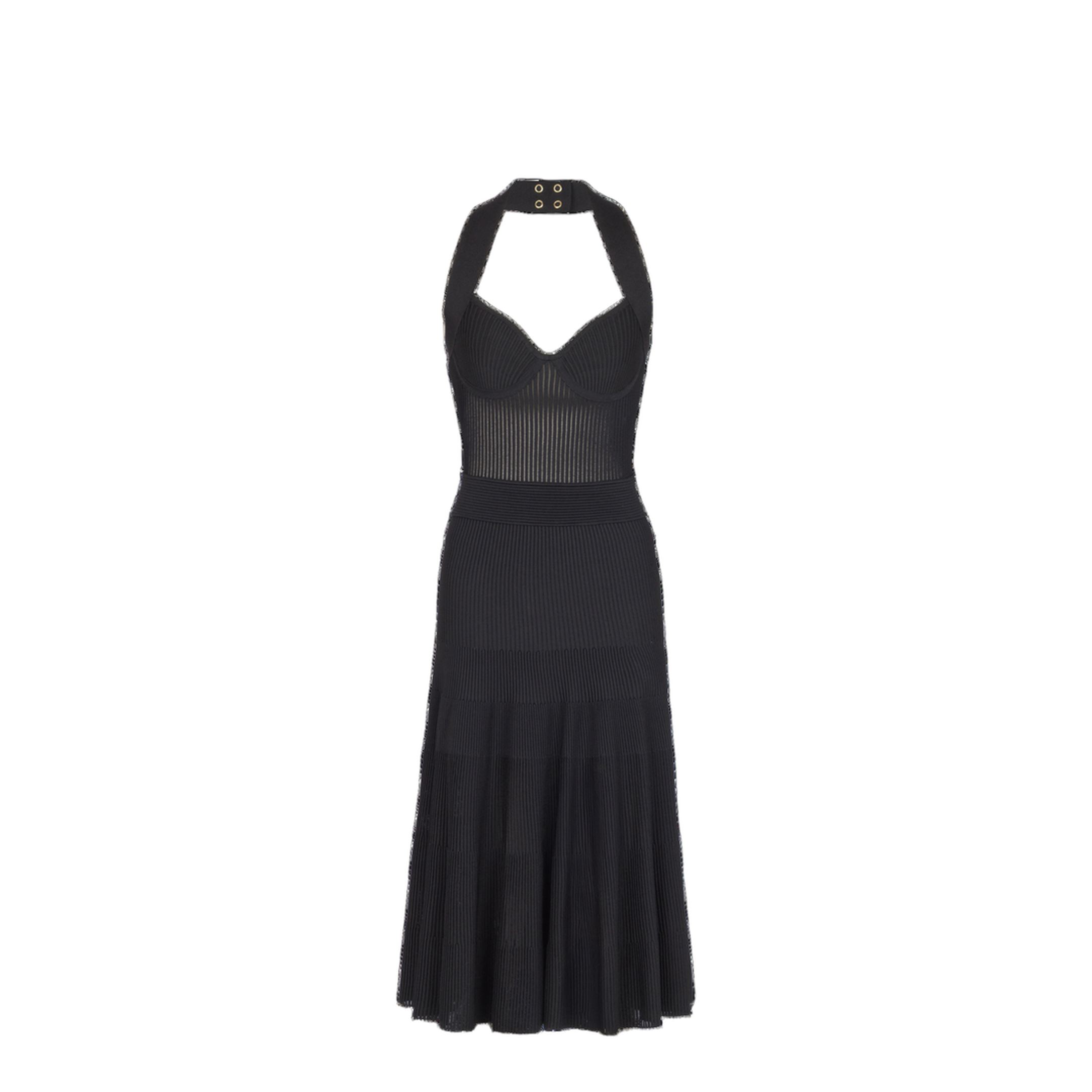 Halterneck Pleated Knit Midi Dress Black