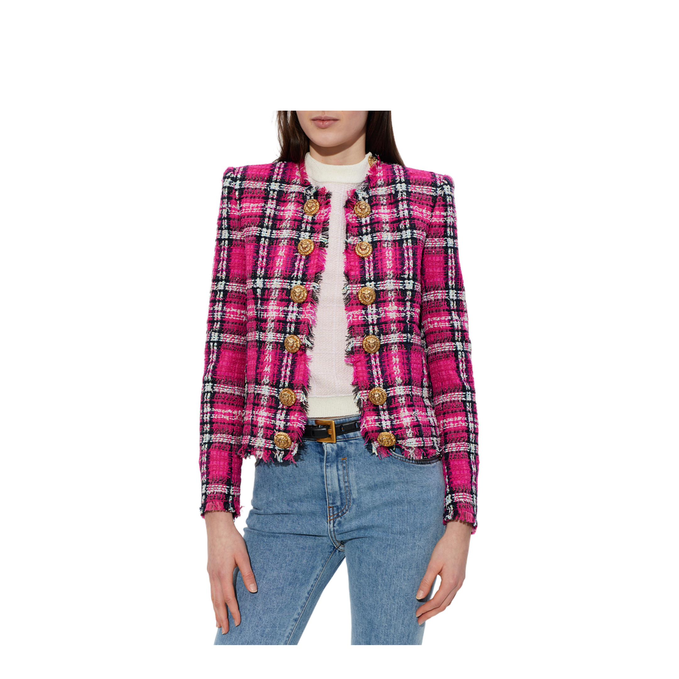 Glitter Plaid Tweed Cropped Jacket