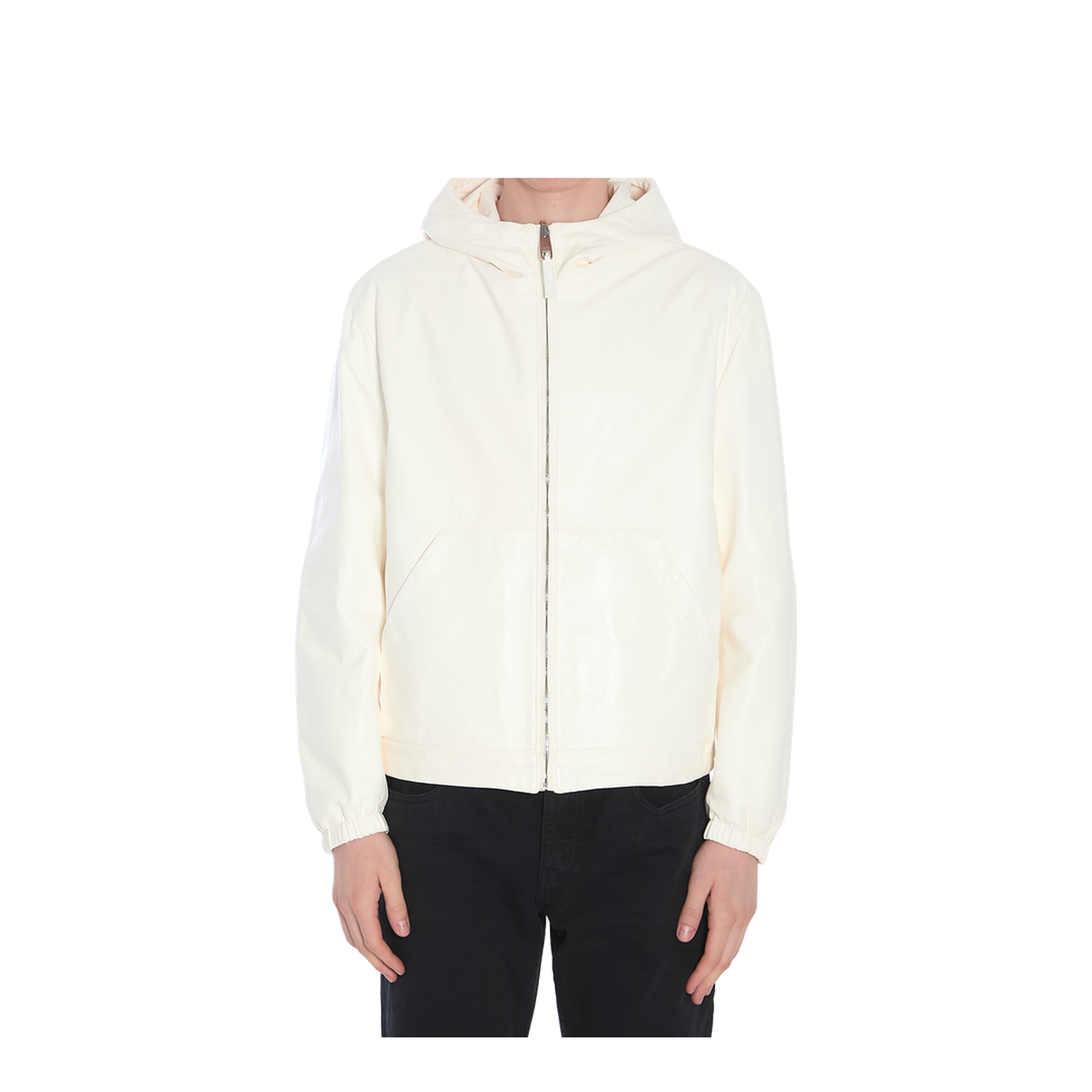 Leather and fabric jacket with reversible hood