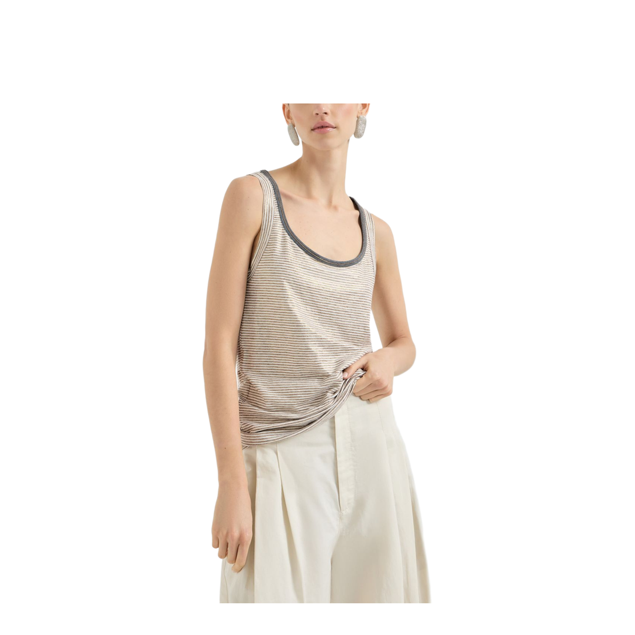 Linen Striped Crew Neck Top with Contrasting Trim and Necklace