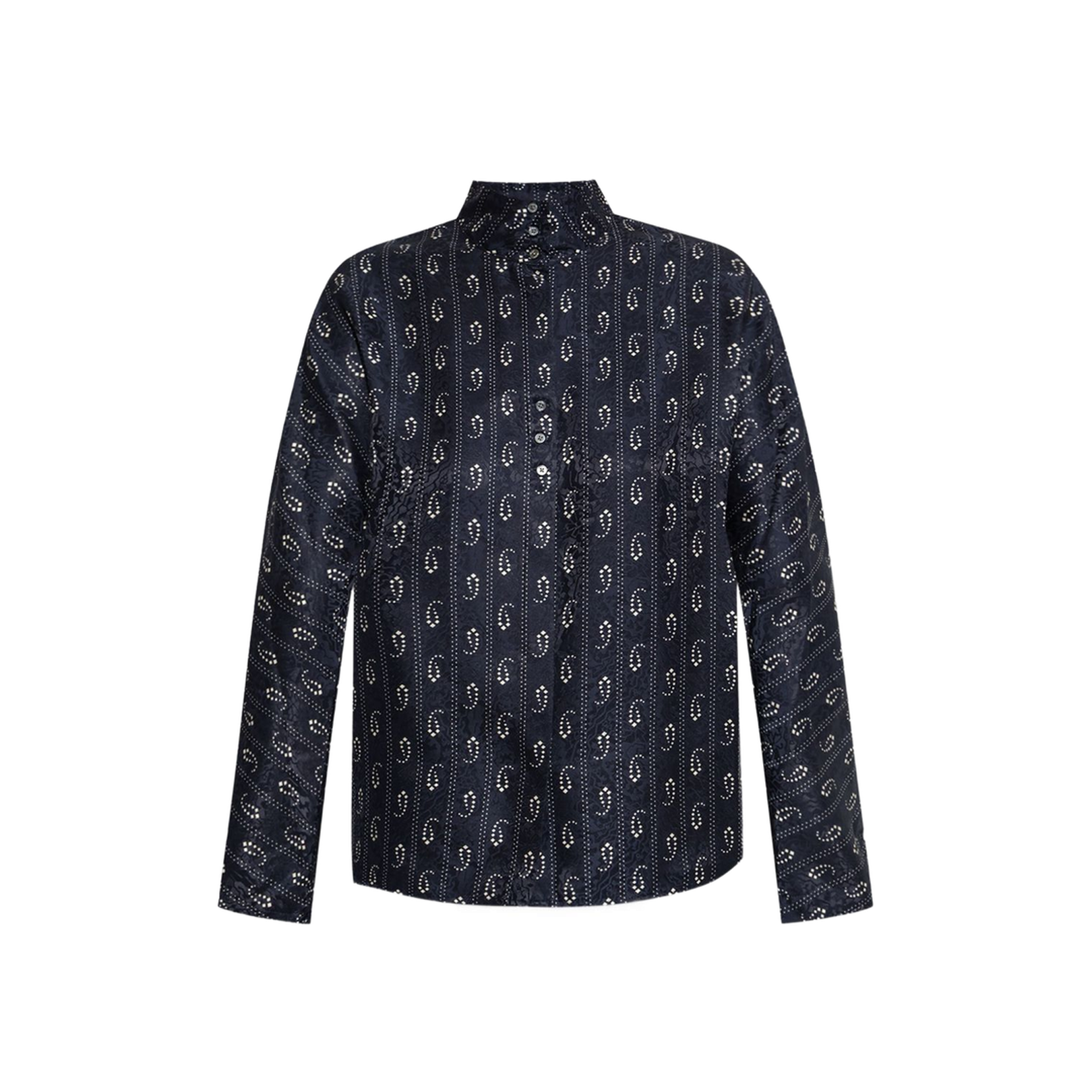Navy Blue Paisley Print Button Fastening Mandarin Collar Long Sleeves